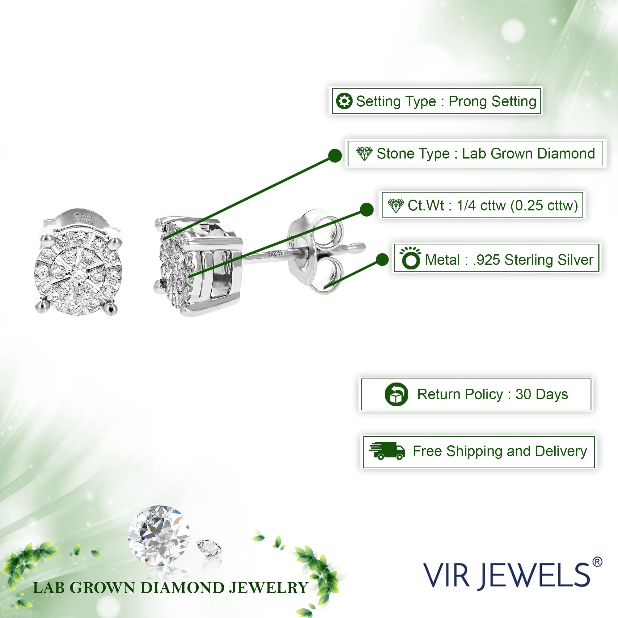 1/4 cttw Round Cut Lab Grown Diamond Stud Earrings in .925 Sterling Silver Prong Set