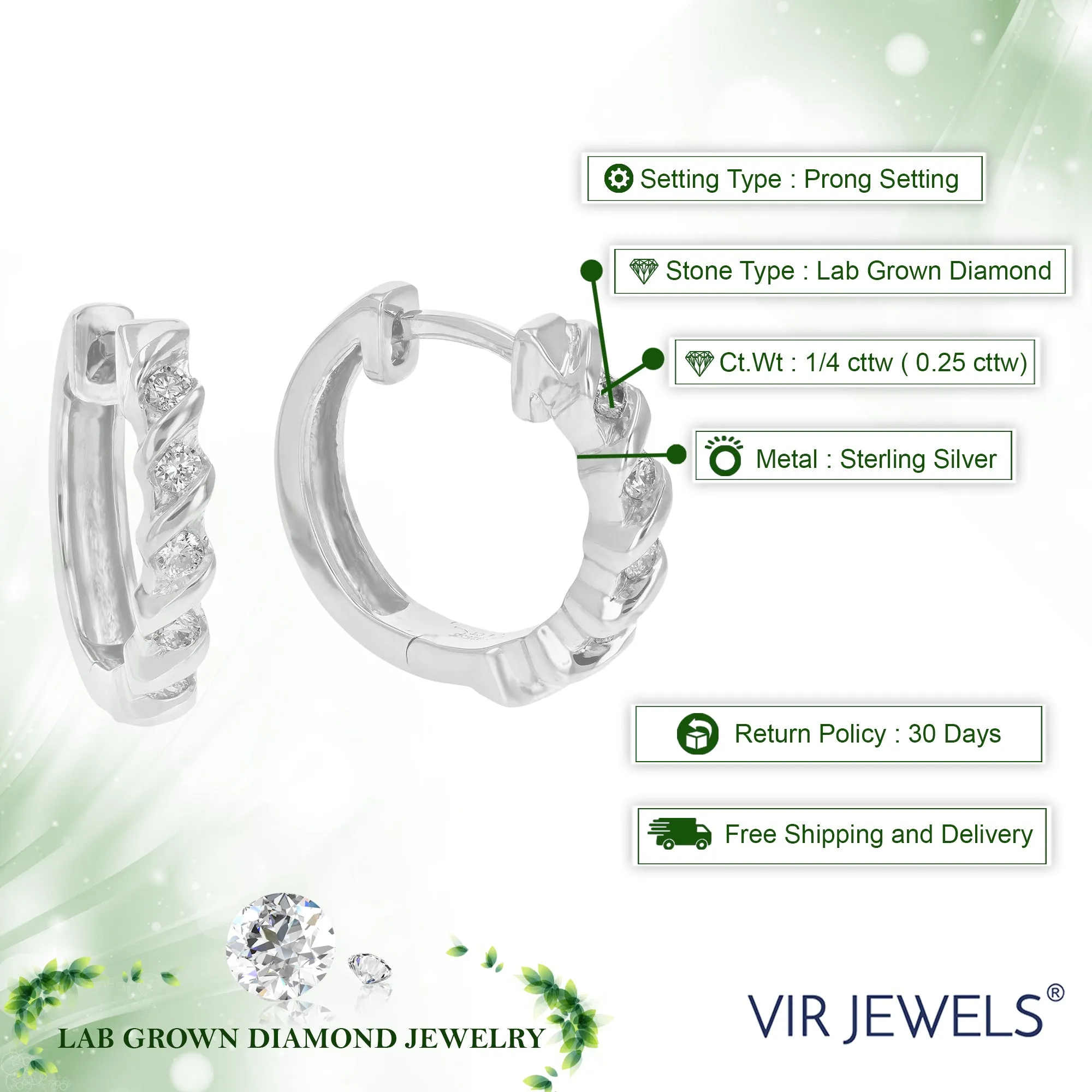 1/4 cttw Round Lab Grown Diamond Hoop Earrings .925 Sterling Silver Channel Set 2/3 Inch