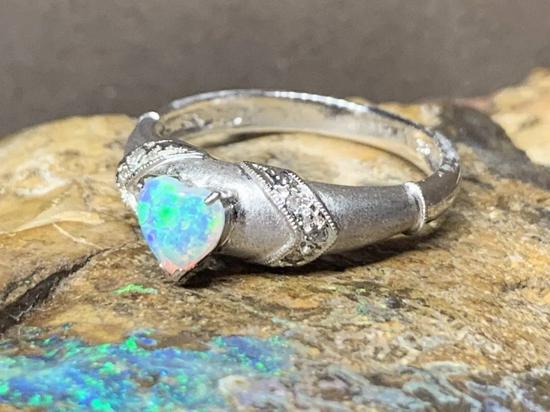 18kt White Gold heart shape Opal and diamond ring