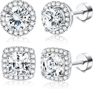 925 Sterling Silver Halo CZ Stud Earrings Flat Back Round Square Large Stud Earrings Screwback Princess Cut Cubic Zirconia Stud Earrings Set for Women Men
