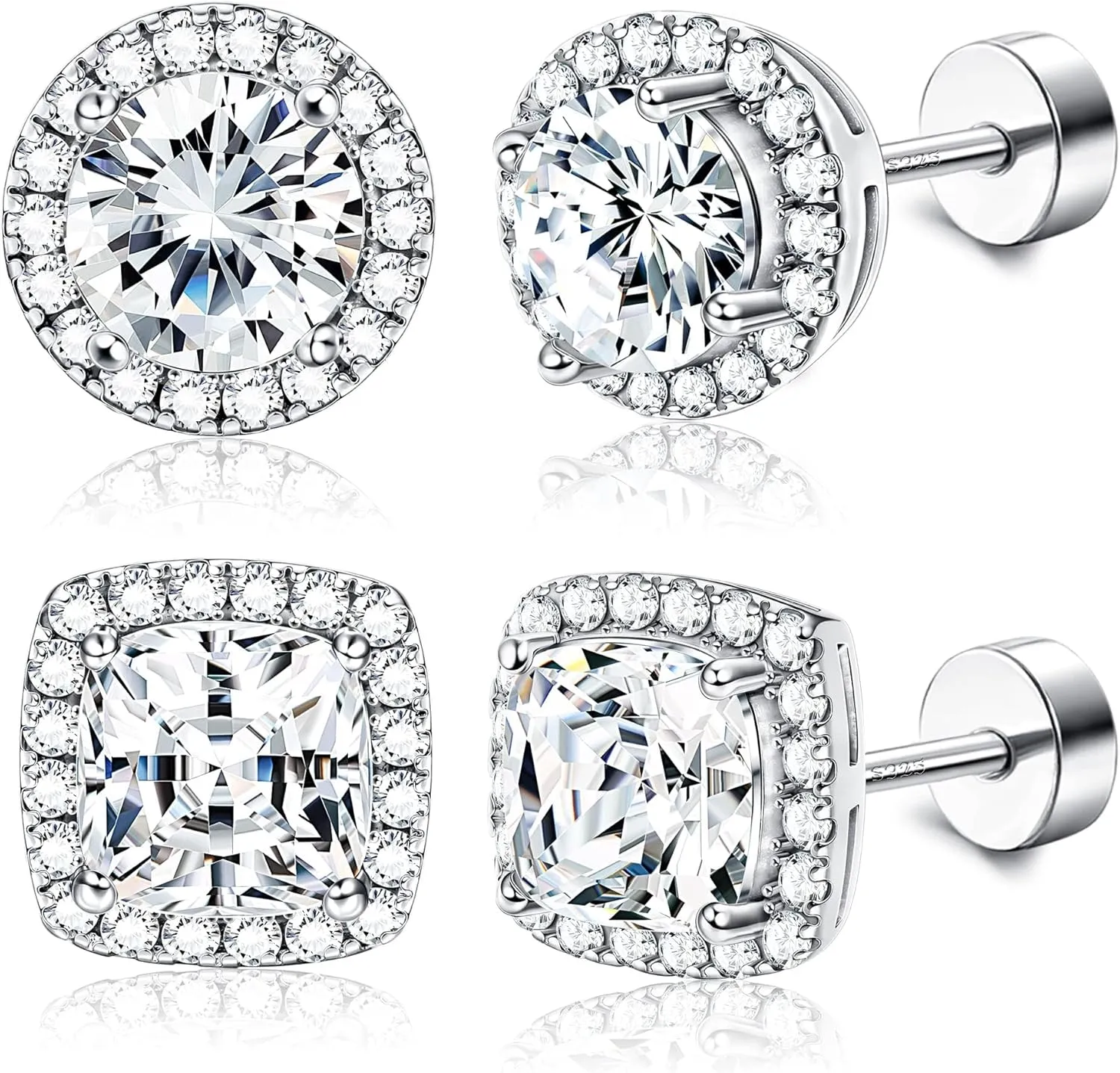 925 Sterling Silver Halo CZ Stud Earrings Flat Back Round Square Large Stud Earrings Screwback Princess Cut Cubic Zirconia Stud Earrings Set for Women Men