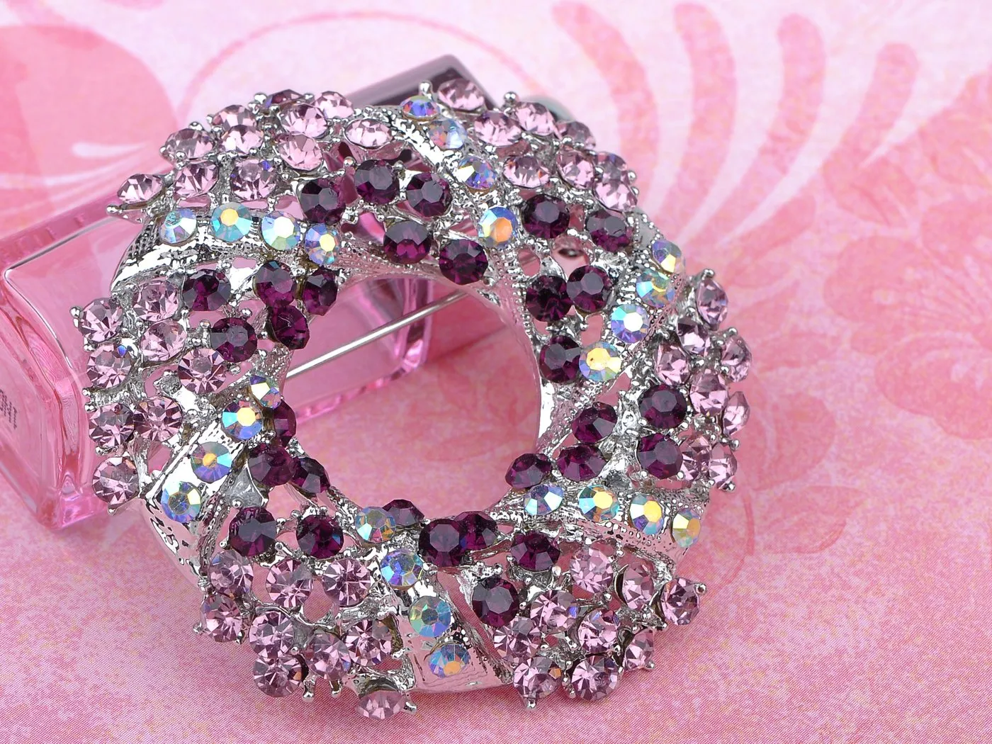 Alilang Silvery Tone Amethyst Purple Crystal Rhinestone Floral Wreath Brooch Pin Pink