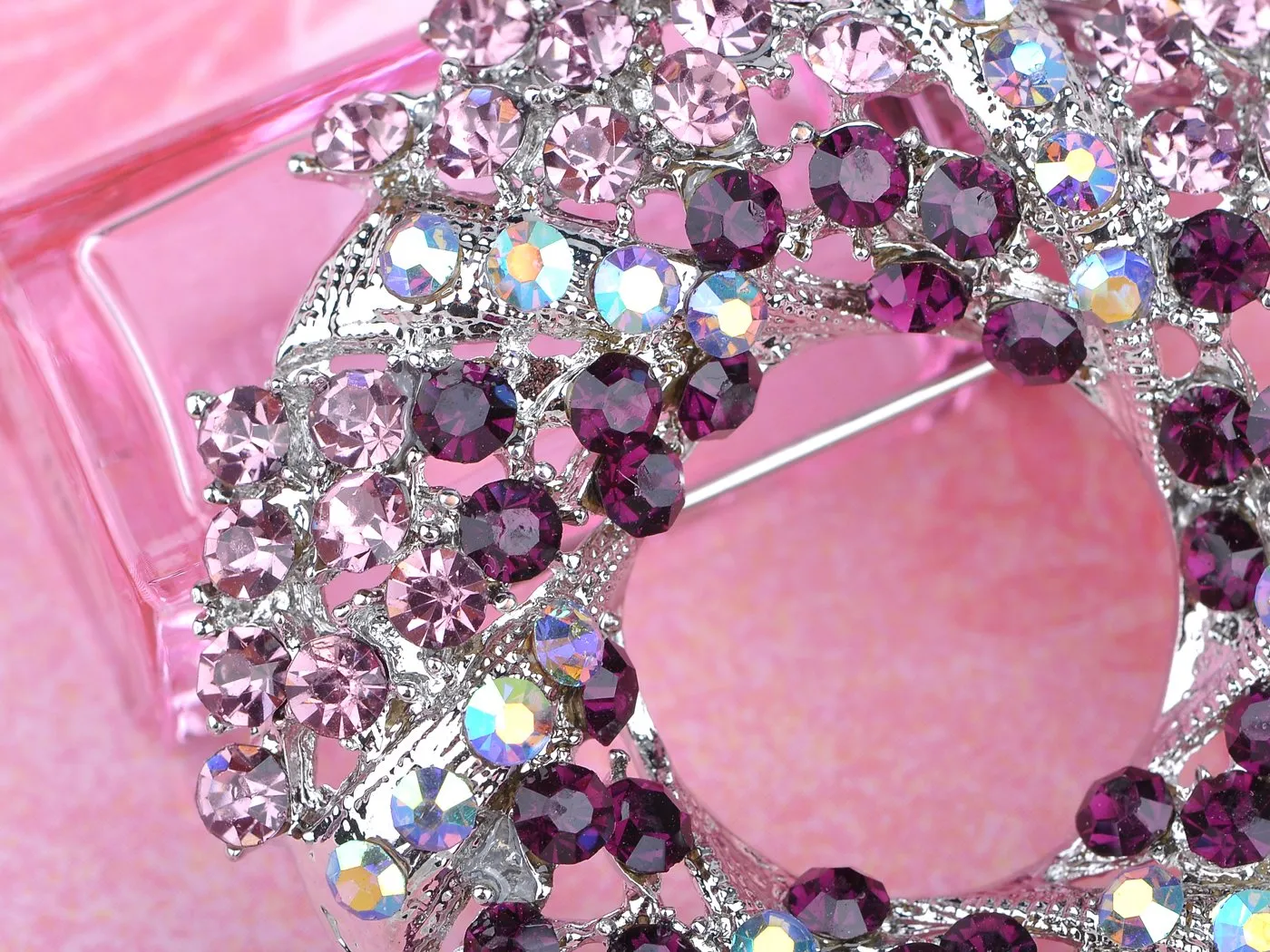 Alilang Silvery Tone Amethyst Purple Crystal Rhinestone Floral Wreath Brooch Pin Pink