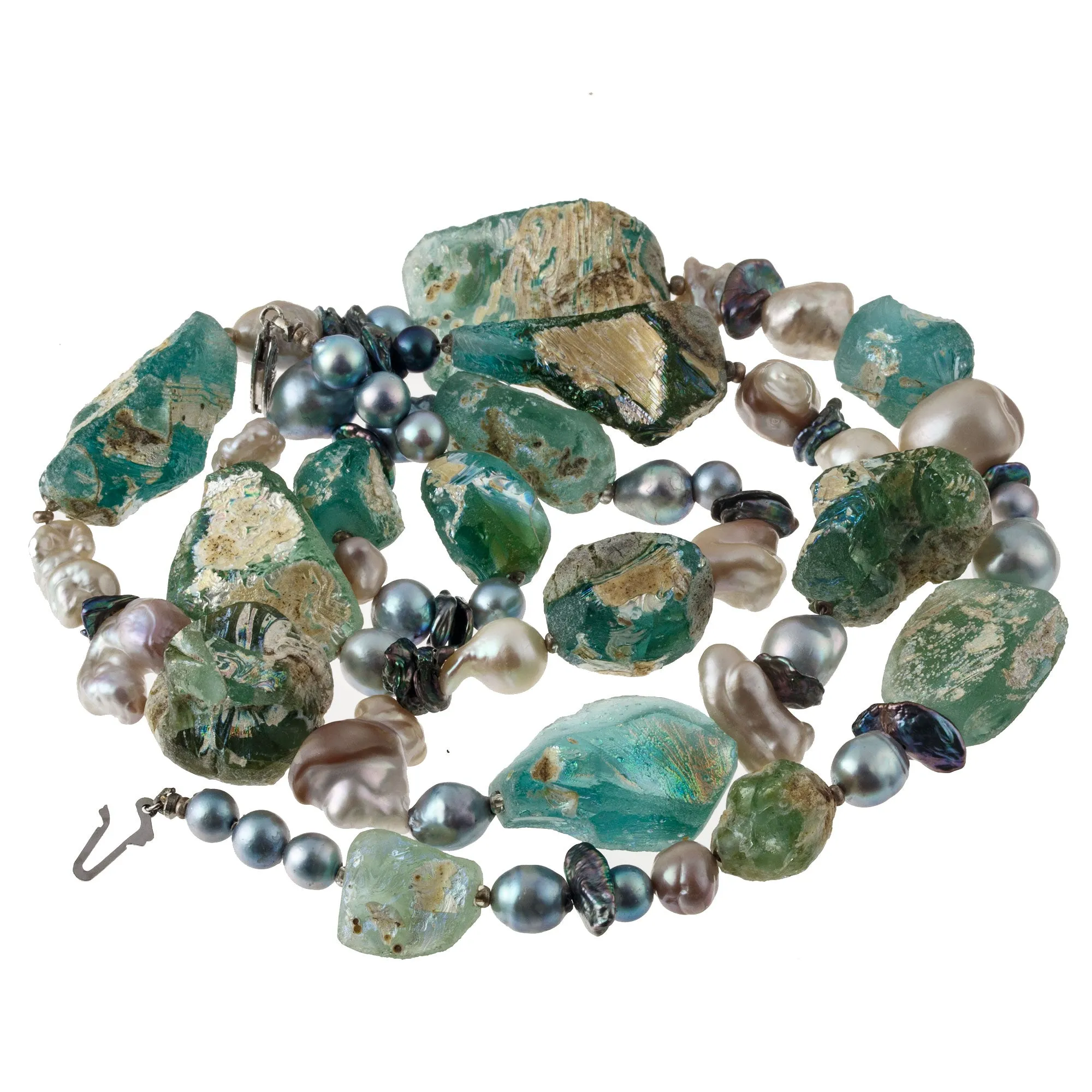 Ancient Roman era iridescent Bactrian glass and pearl necklace. nlbd2175
