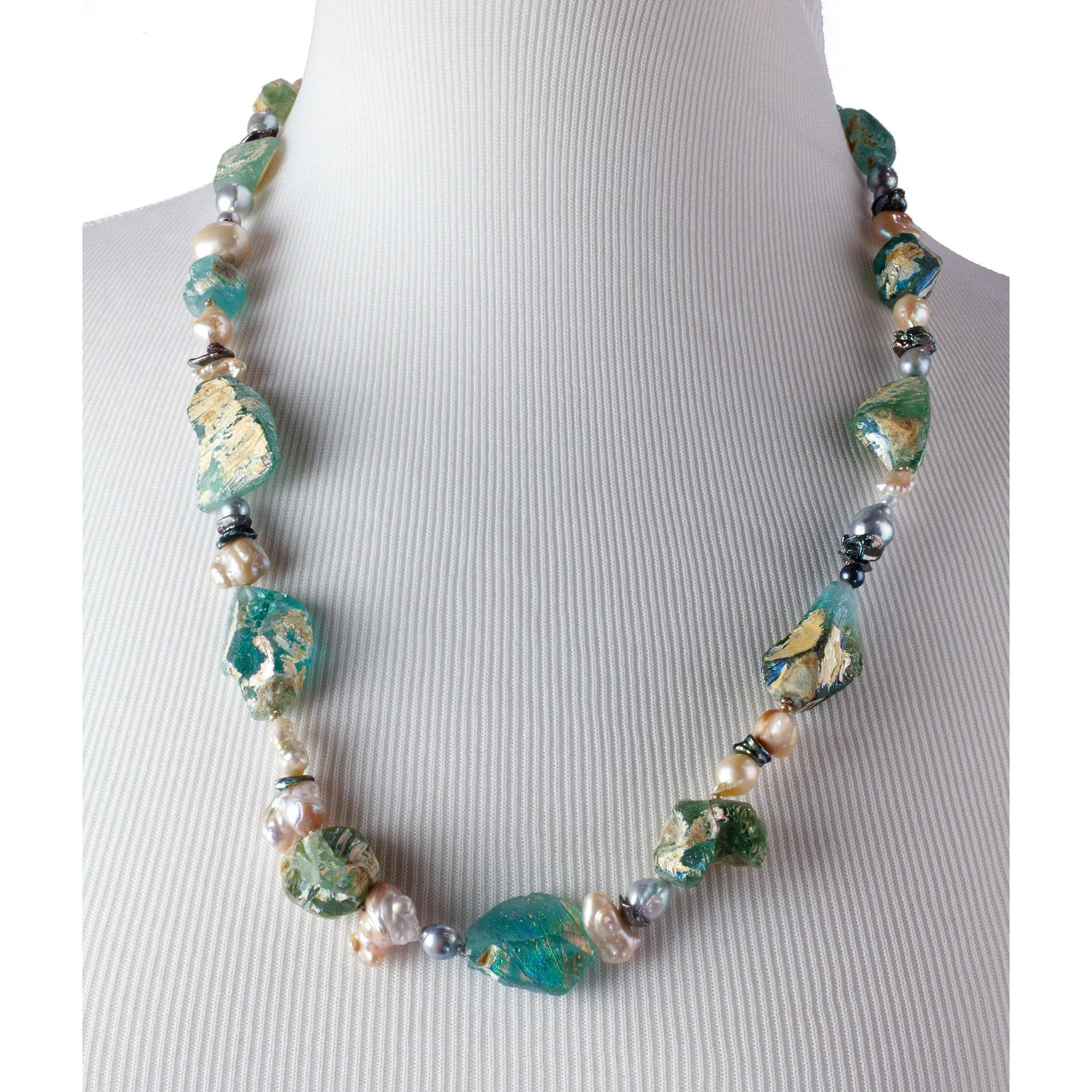 Ancient Roman era iridescent Bactrian glass and pearl necklace. nlbd2175