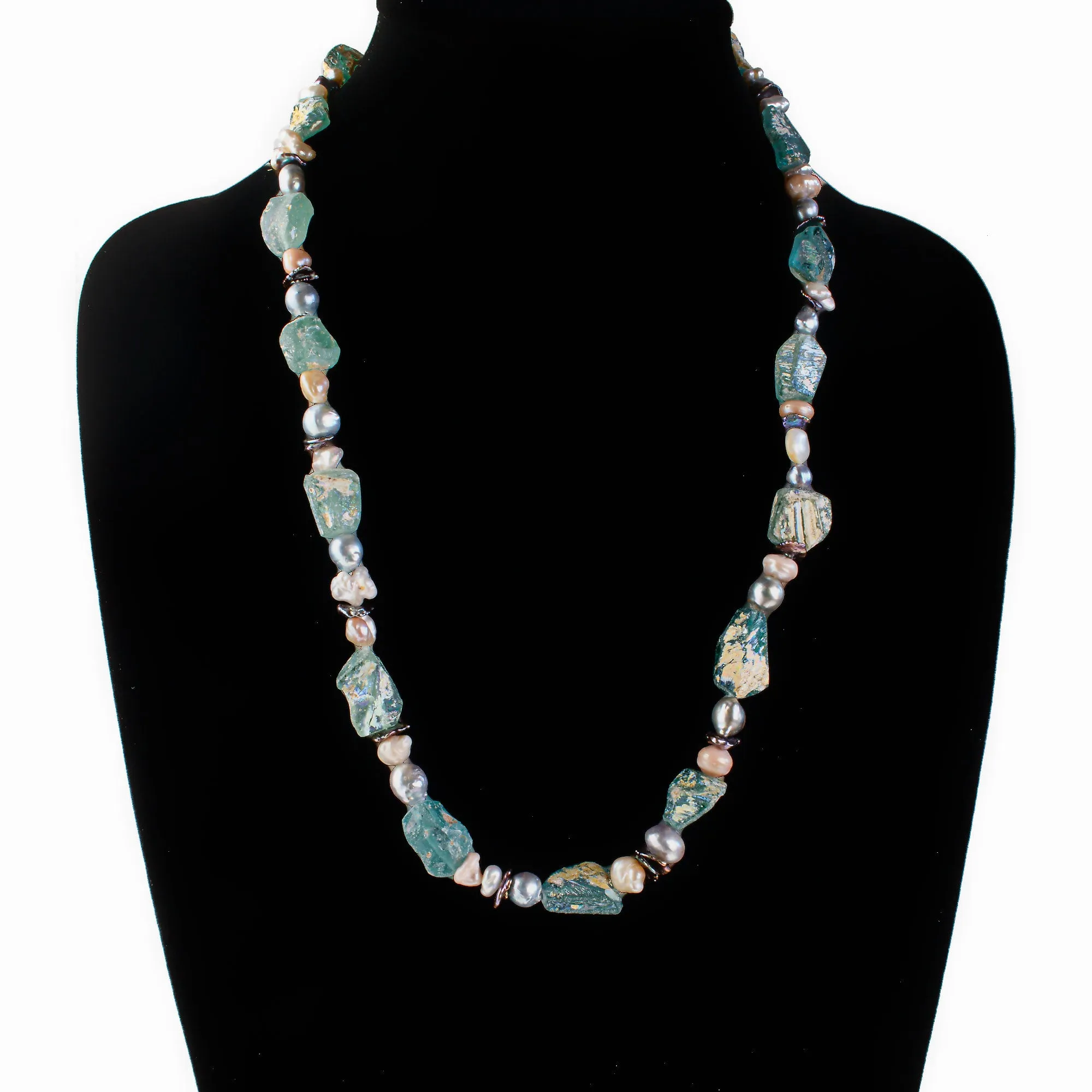 Ancient Roman era iridescent Bactrian glass and pearl necklace. nlbd2201