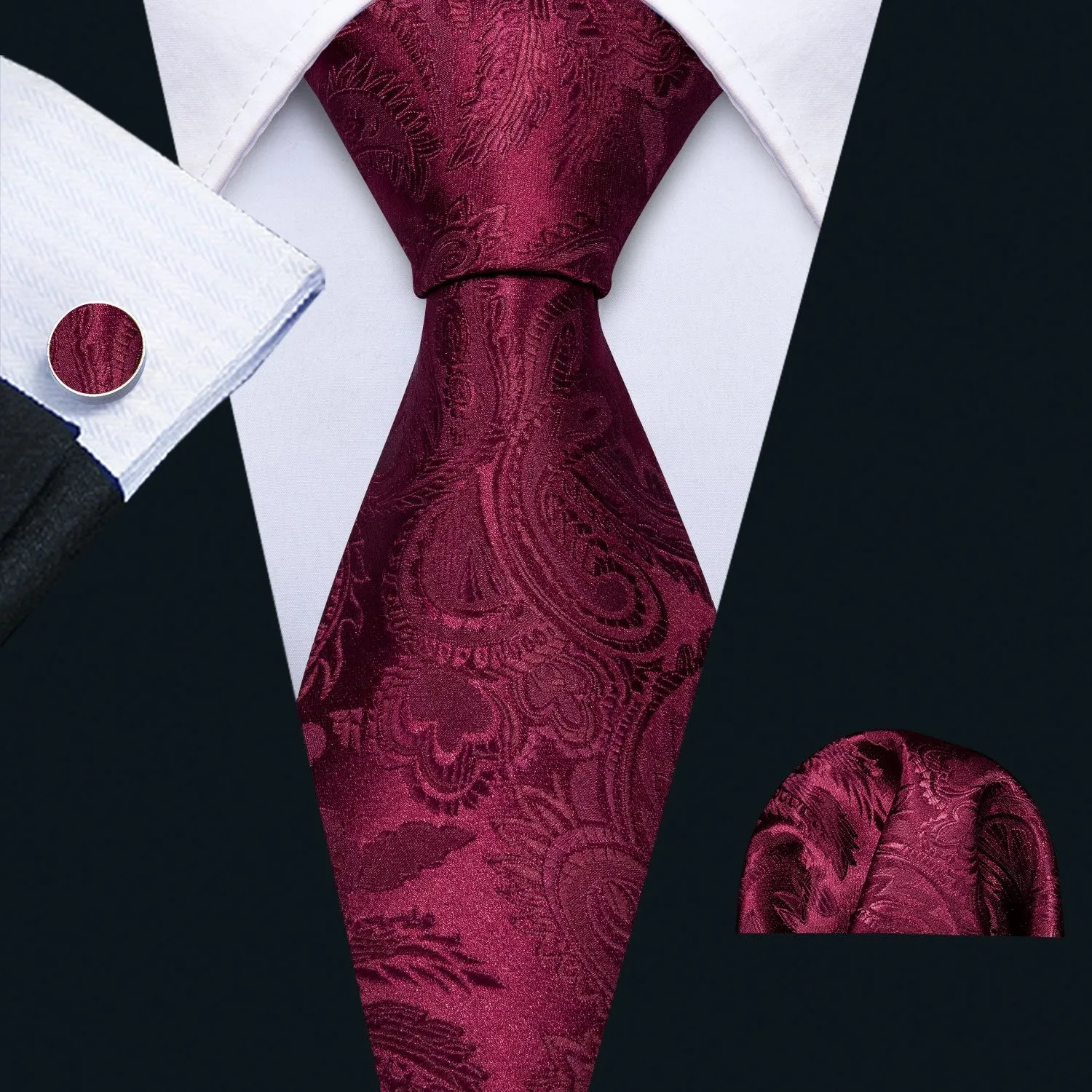 Barry Wang Red Floral Tie Pocket Square Cufflinks Set 8.5cm Brooches