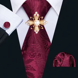 Barry Wang Red Floral Tie Pocket Square Cufflinks Set 8.5cm Brooches
