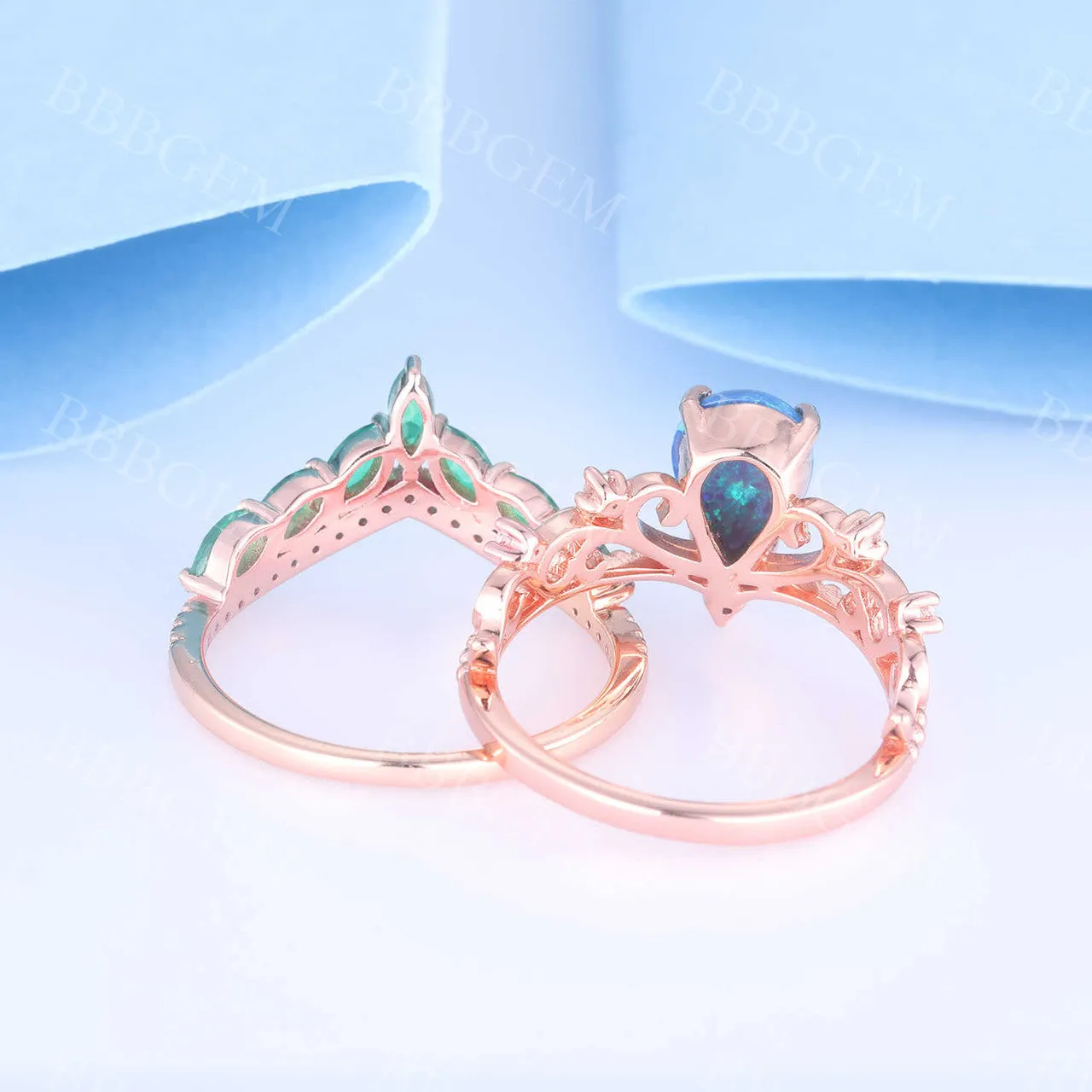Black Opal Emerald Engagement Ring Set Rose Gold Vintage Antique Floral Wedding Ring