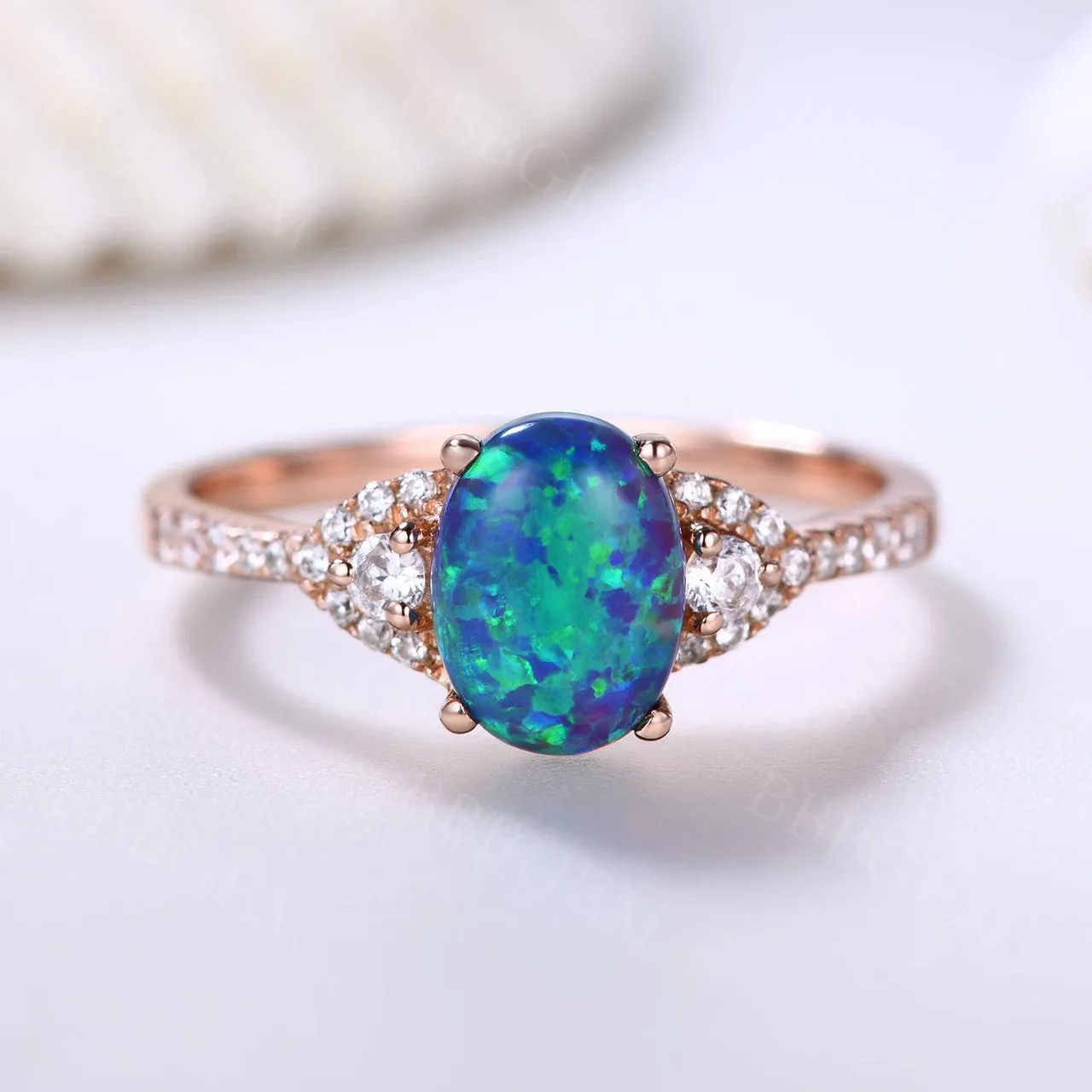 Black Opal Ring Rose Gold Diamond Engagement Ring Women 6x8mm Opal Natural Diamonds