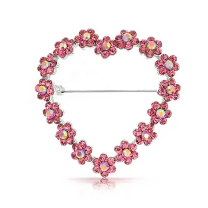 Bling Jewelry Large Open Heart Shaped Flower Brooch Pin for Women Pink Topaz Crystal Floral Rhodium Plated Alloy