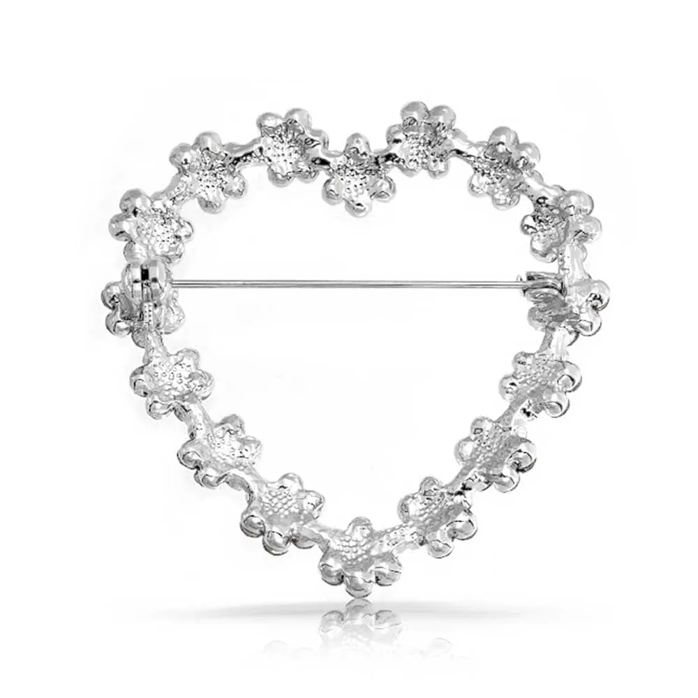 Bling Jewelry Large Open Heart Shaped Flower Brooch Pin for Women Pink Topaz Crystal Floral Rhodium Plated Alloy