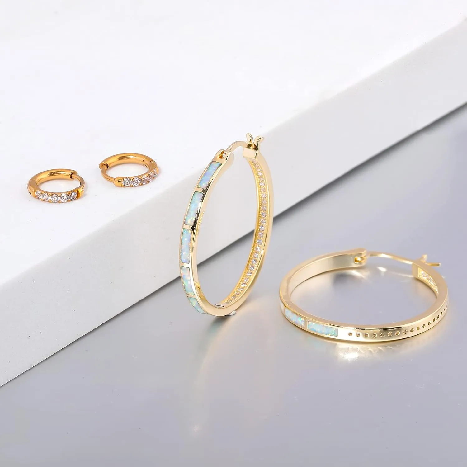 CiNily Opal Hoop Earrings,Women Jewelry Rhodium Plated/Rose Gold or Yellow Gold Plated Gemstone Big Hoop Earrings 32mm