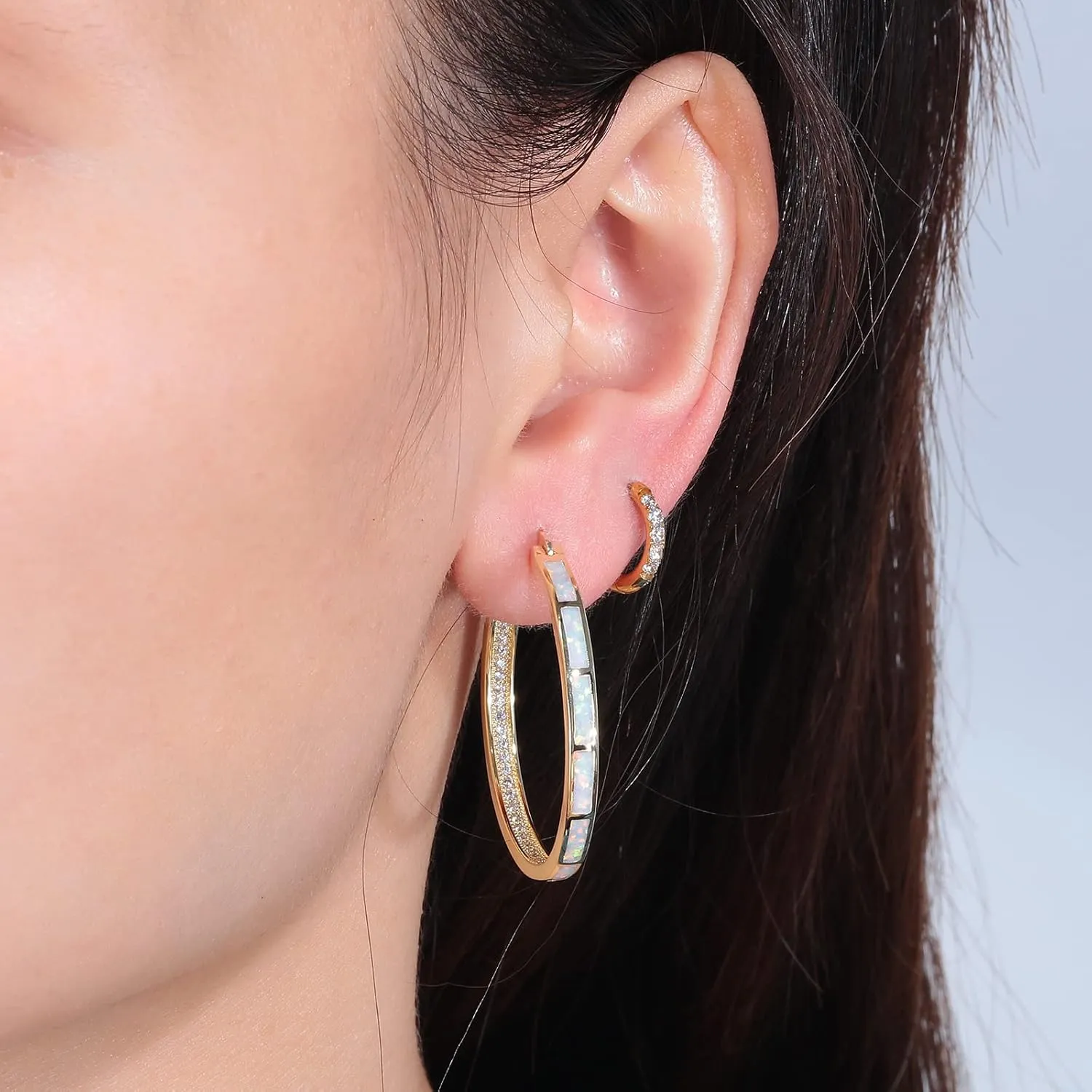 CiNily Opal Hoop Earrings,Women Jewelry Rhodium Plated/Rose Gold or Yellow Gold Plated Gemstone Big Hoop Earrings 32mm