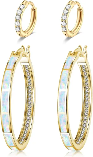 CiNily Opal Hoop Earrings,Women Jewelry Rhodium Plated/Rose Gold or Yellow Gold Plated Gemstone Big Hoop Earrings 32mm