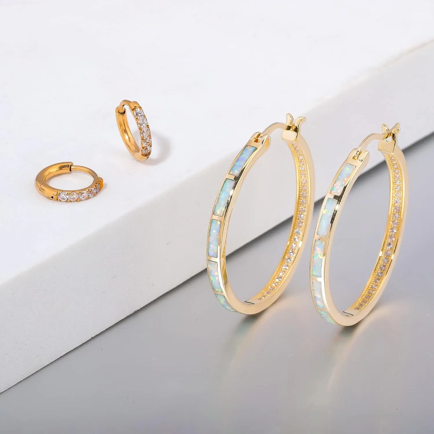 CiNily Opal Hoop Earrings,Women Jewelry Rhodium Plated/Rose Gold or Yellow Gold Plated Gemstone Big Hoop Earrings 32mm