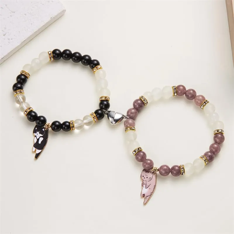 Couples Bead Friendship Bracelets 2 Pcs Cute Cat Friendship Kawaii Cartoon Animal Heart Matching Elastic BFF Bracelets Relationship Jewelry Gifts