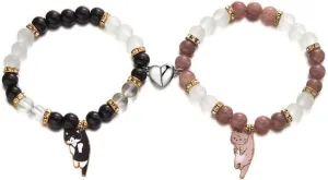 Couples Bead Friendship Bracelets 2 Pcs Cute Cat Friendship Kawaii Cartoon Animal Heart Matching Elastic BFF Bracelets Relationship Jewelry Gifts