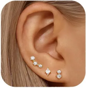 Dainty Stud Earrings for Women Cubic Zirconia Earrings Studs 14k Gold Plated Stud Earrings Set Hypoallergenic Stud Earrings Pack