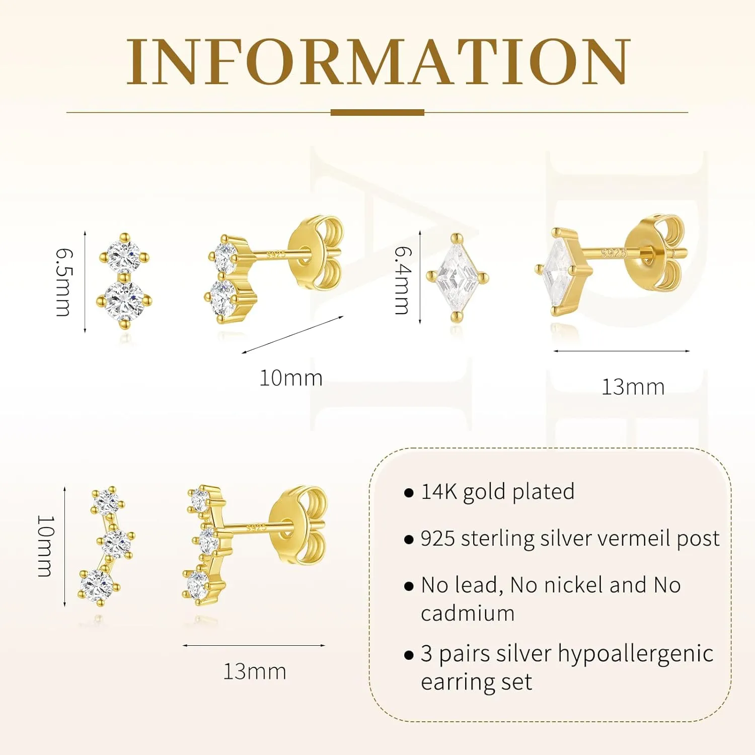 Dainty Stud Earrings for Women Cubic Zirconia Earrings Studs 14k Gold Plated Stud Earrings Set Hypoallergenic Stud Earrings Pack