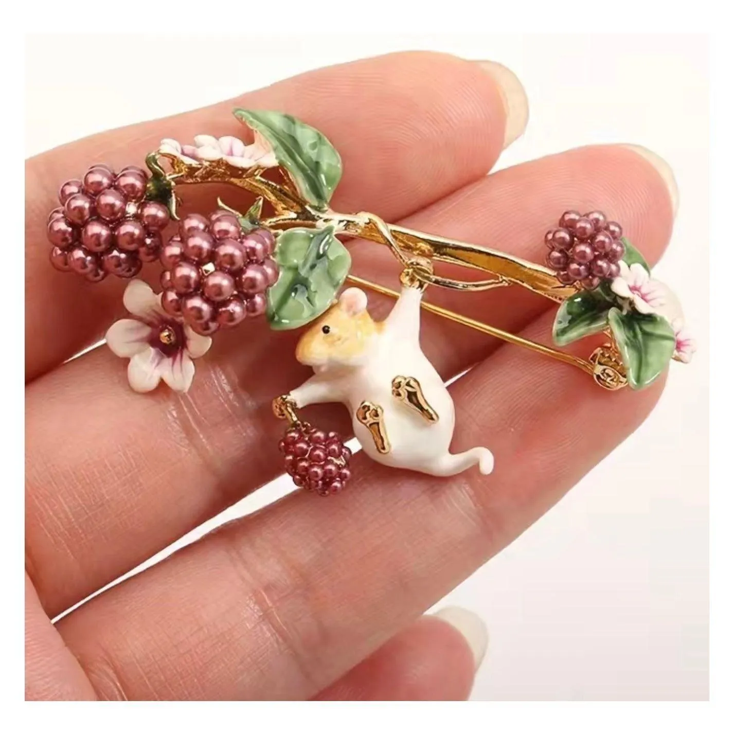 Enamel Floral Mouse in the Berries Brooch