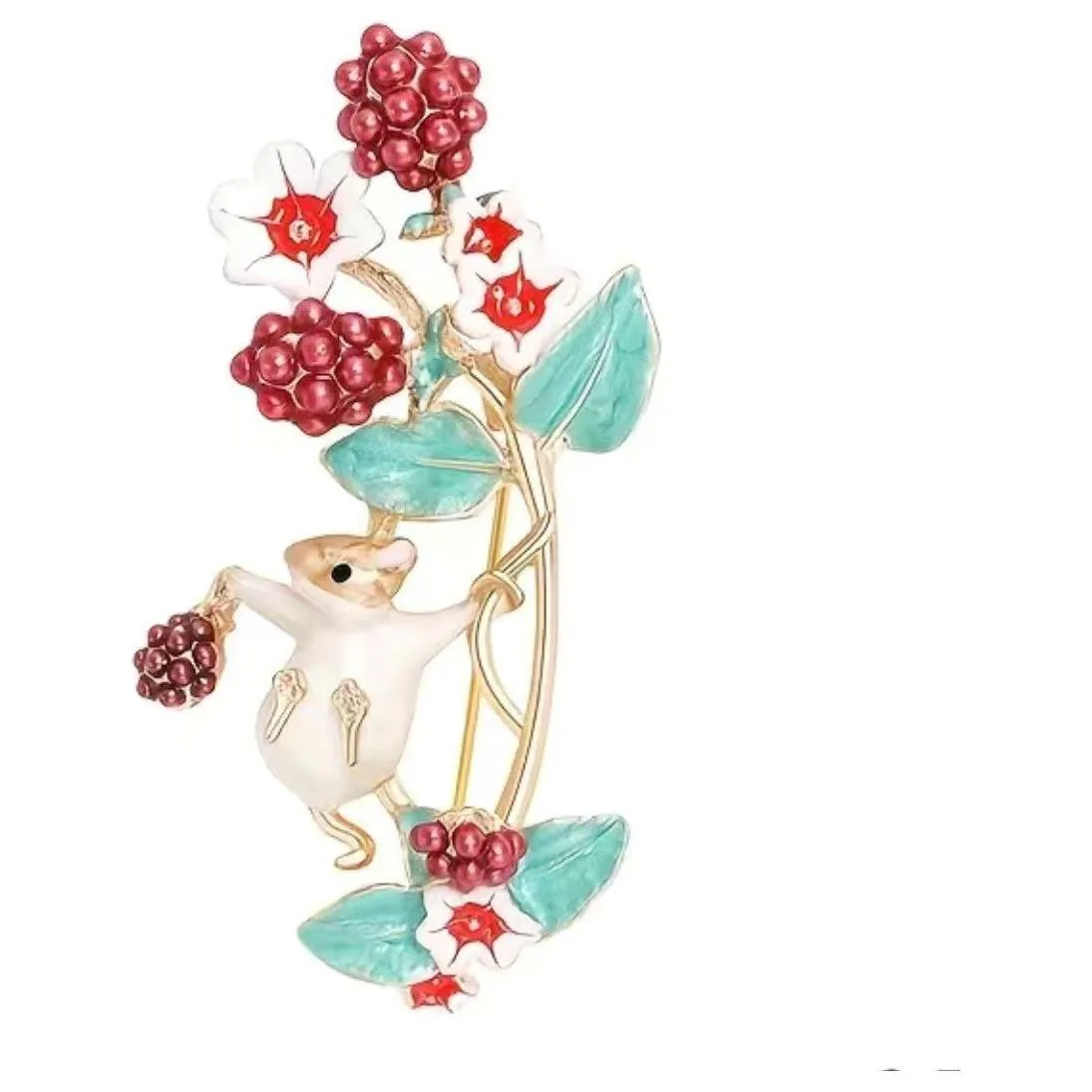 Enamel Floral Mouse in the Berries Brooch
