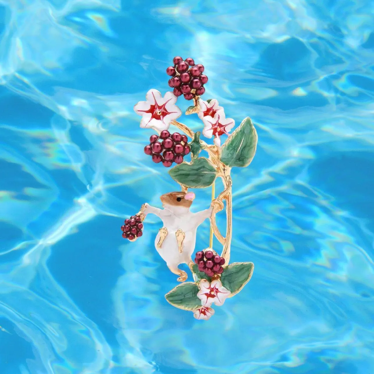 Enamel Floral Mouse in the Berries Brooch