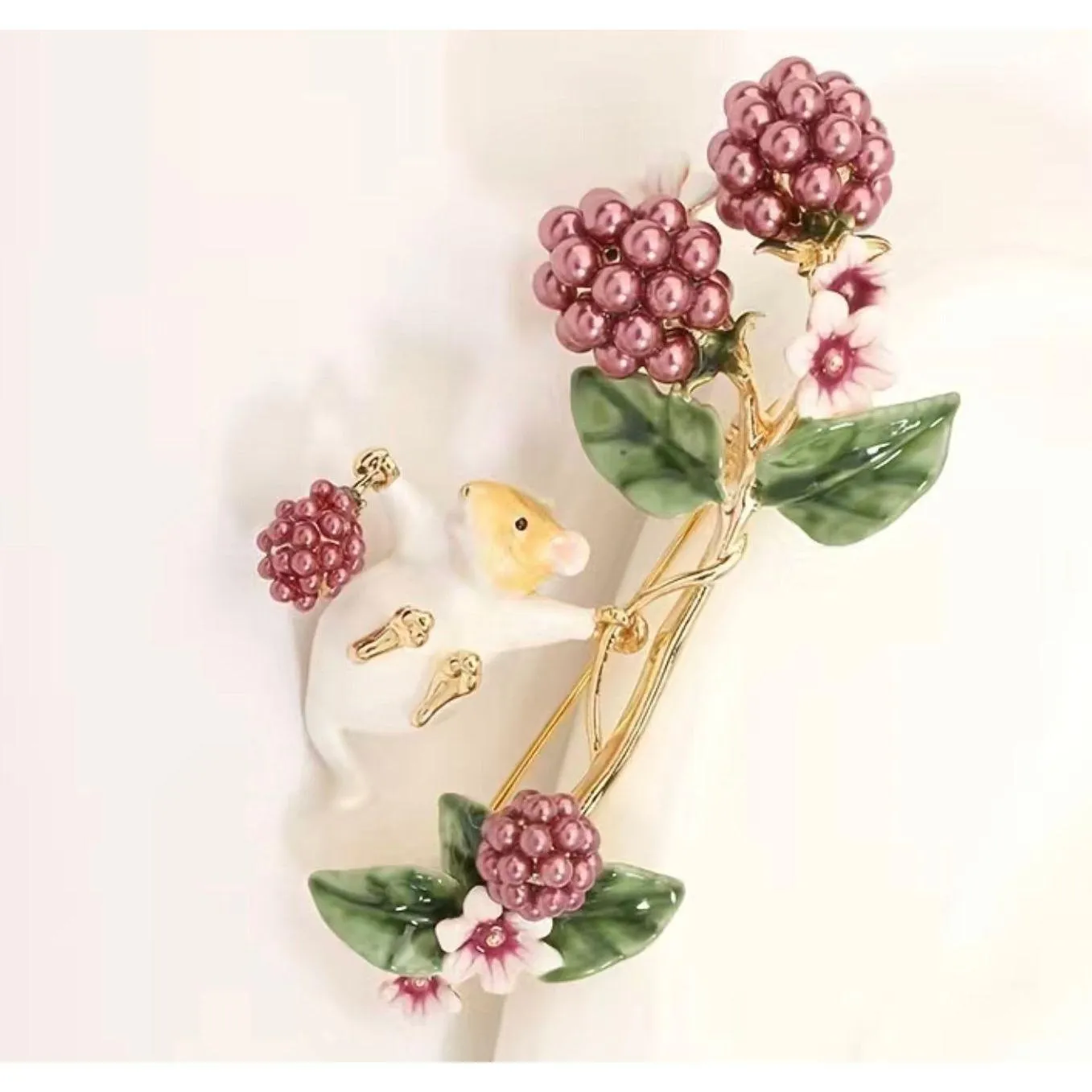 Enamel Floral Mouse in the Berries Brooch