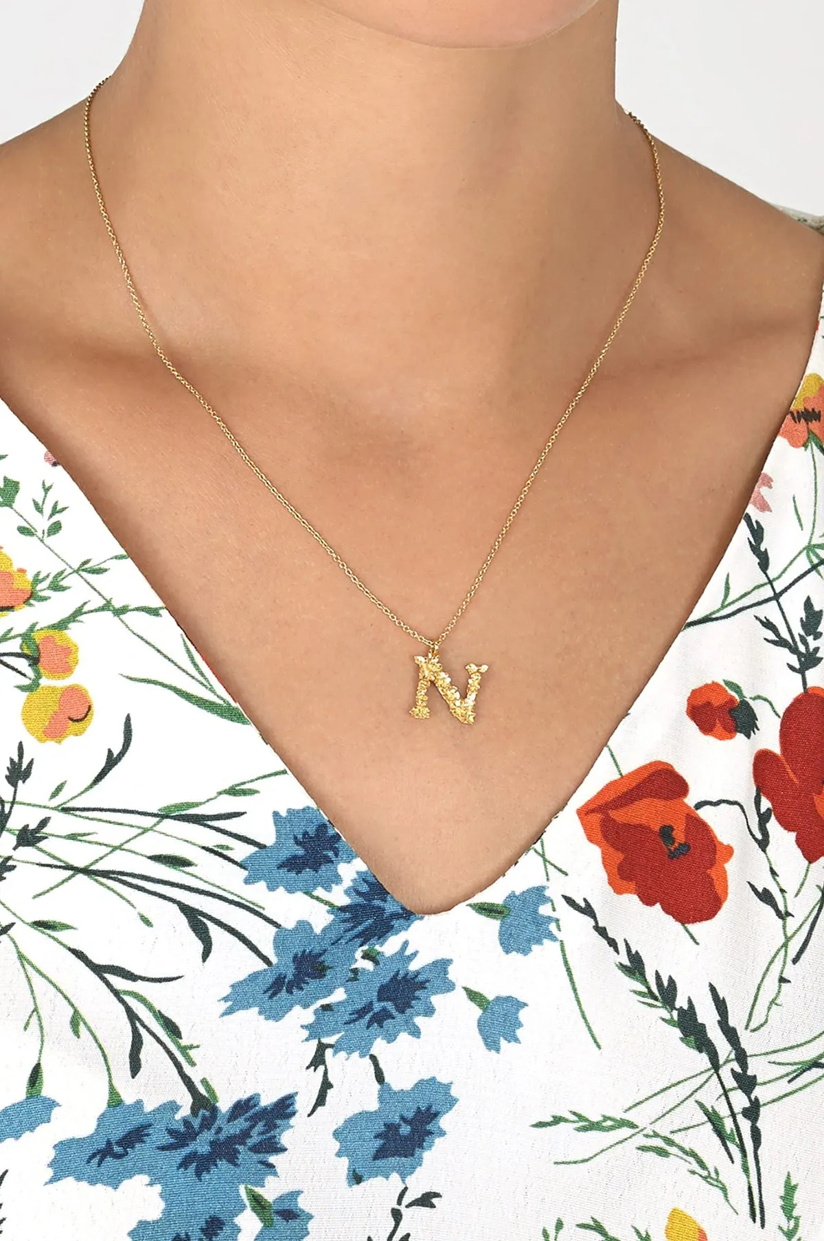 Floral Letter N Necklace Gold Plate