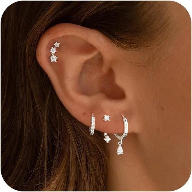Gold Hoop Earrings for Women, 14K Gold/Sterling Silver Plated Earring Sets for Women Dainty Huggie Hoop Earrings for Multiple Piercing Hypoallergenic Small Dangle Drop Stud Earrings Cartilage Earring Set Jewelry for Women