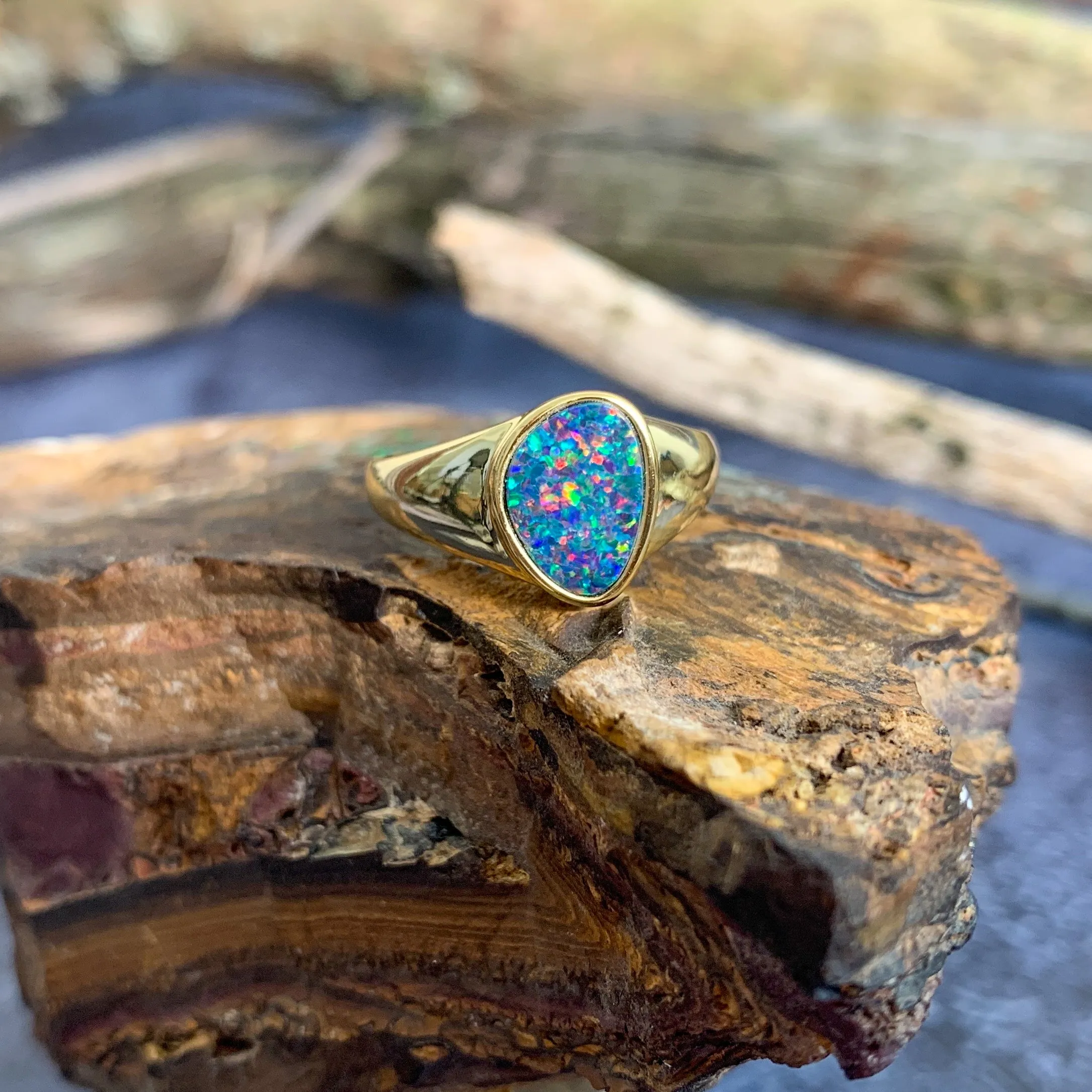 Gold Plated Silver solitaire band Opal doublet ring