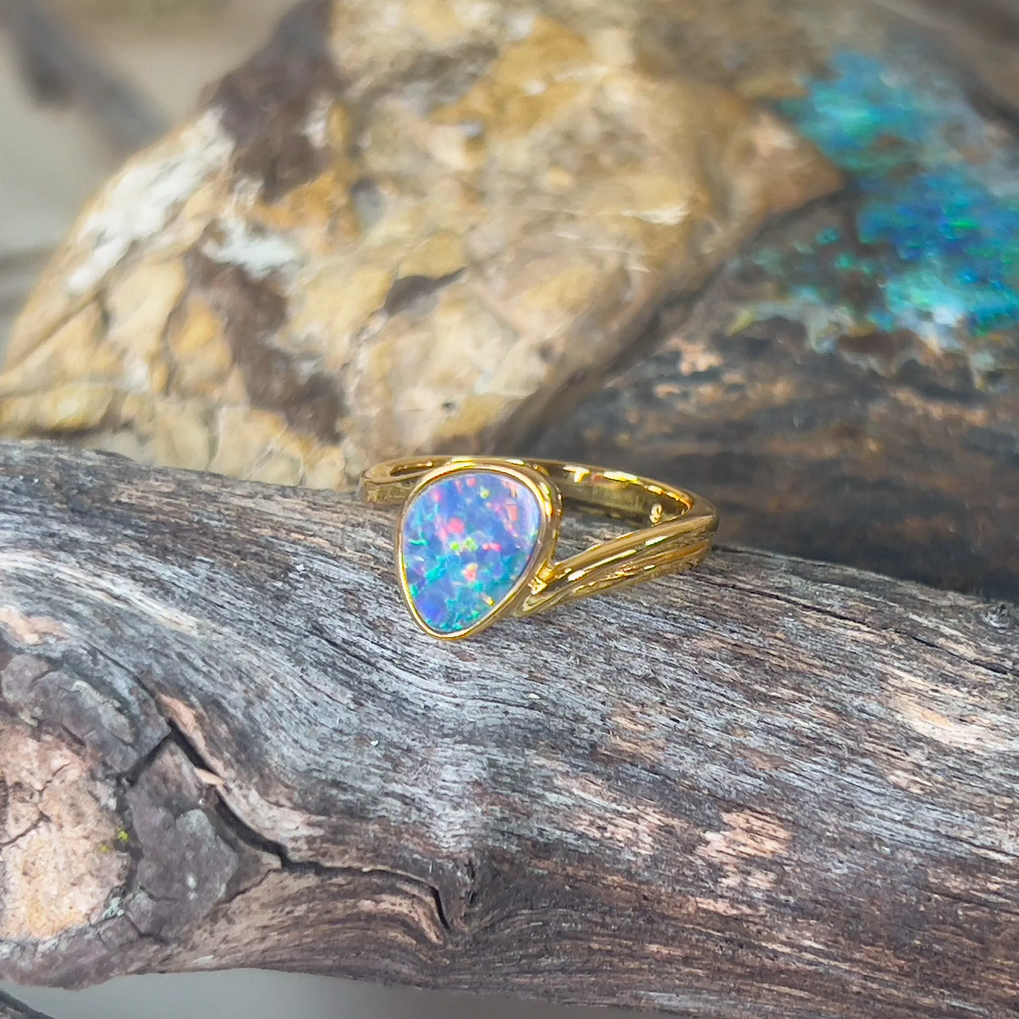 Gold plated Sterling Silver Opal doublet solitaire split shank ring