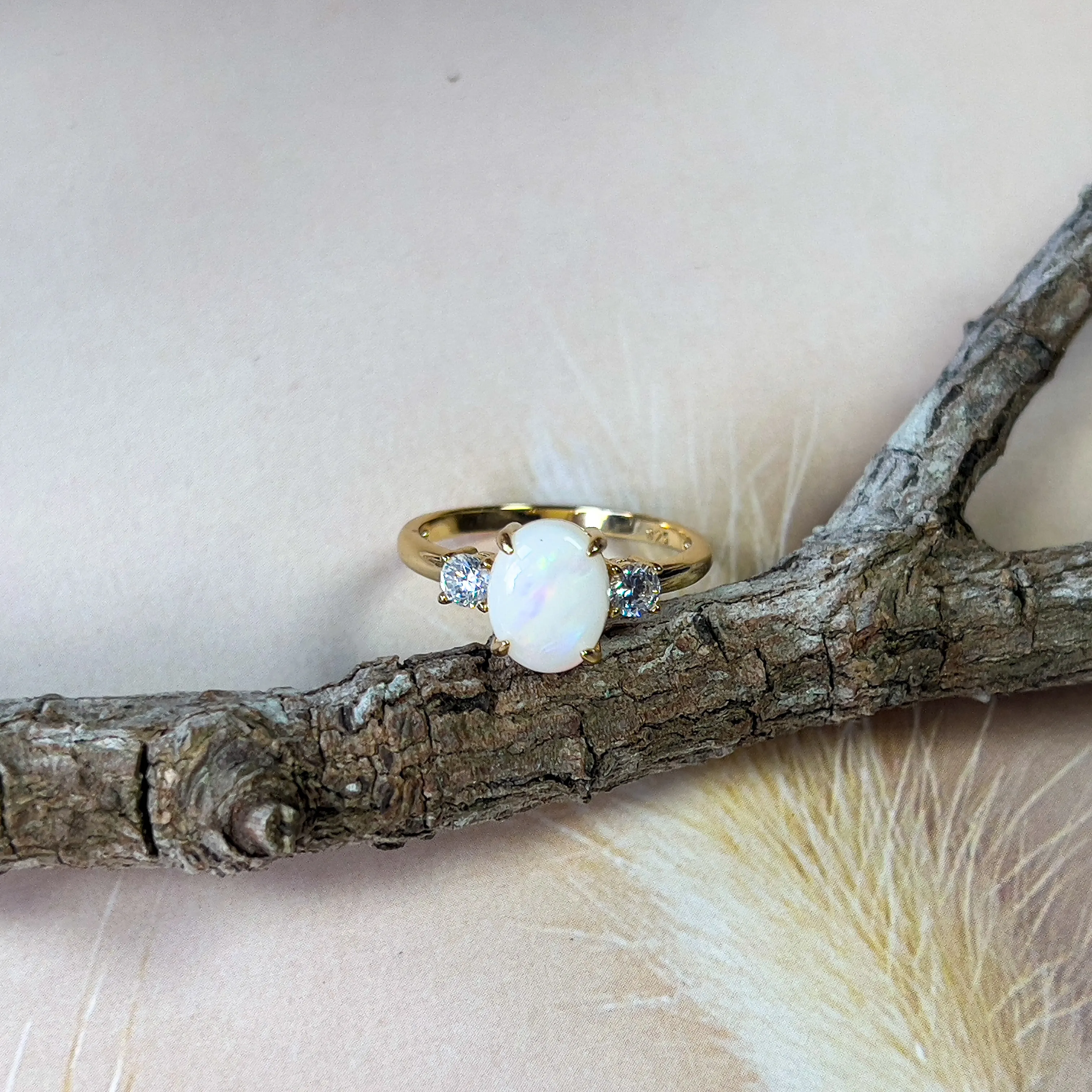 Gold Plated Sterling Silver Ring, 9x7mm White Opal Trilogy, Handmade Opal Jewelry, Dainty Gift for Her
