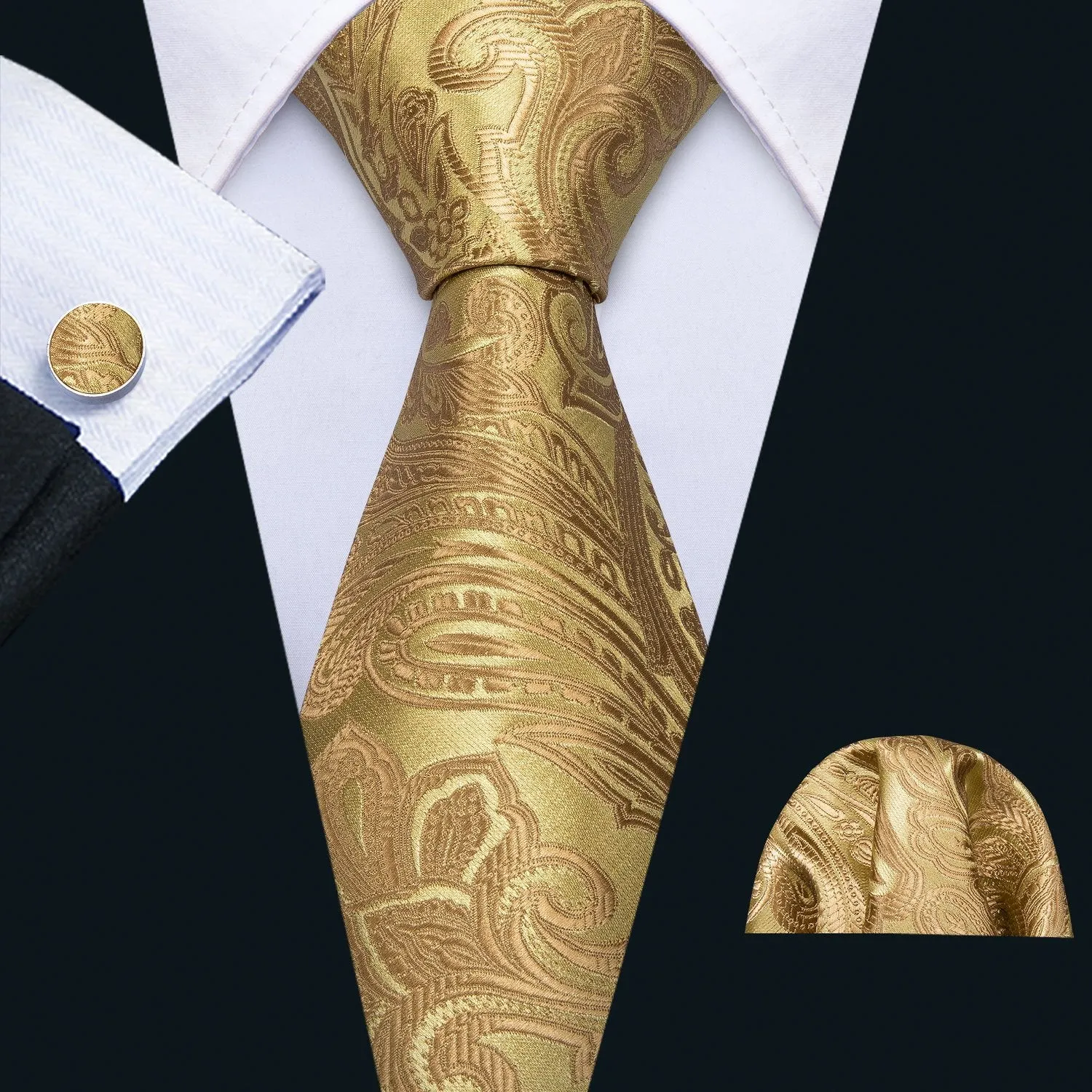 Golden Floral Necktie Pocket Square Cufflinks Set 8.5cm Fashion Designer Neckties with Brooches Easy Matching