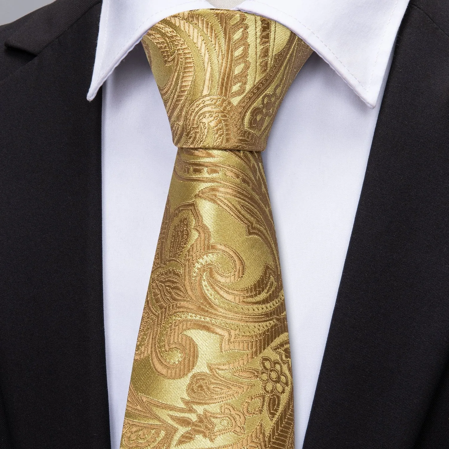 Golden Floral Necktie Pocket Square Cufflinks Set 8.5cm Fashion Designer Neckties with Brooches Easy Matching