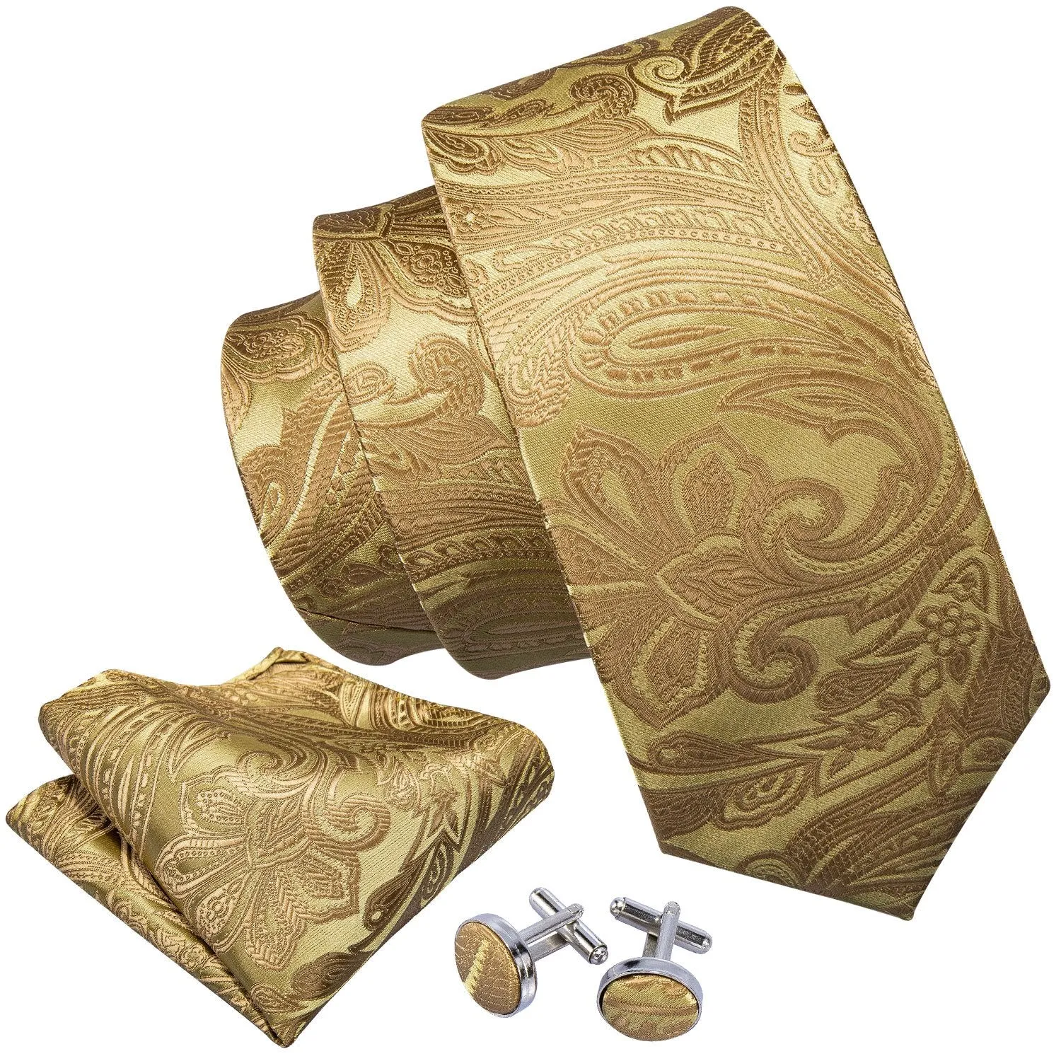 Golden Floral Necktie Pocket Square Cufflinks Set 8.5cm Fashion Designer Neckties with Brooches Easy Matching