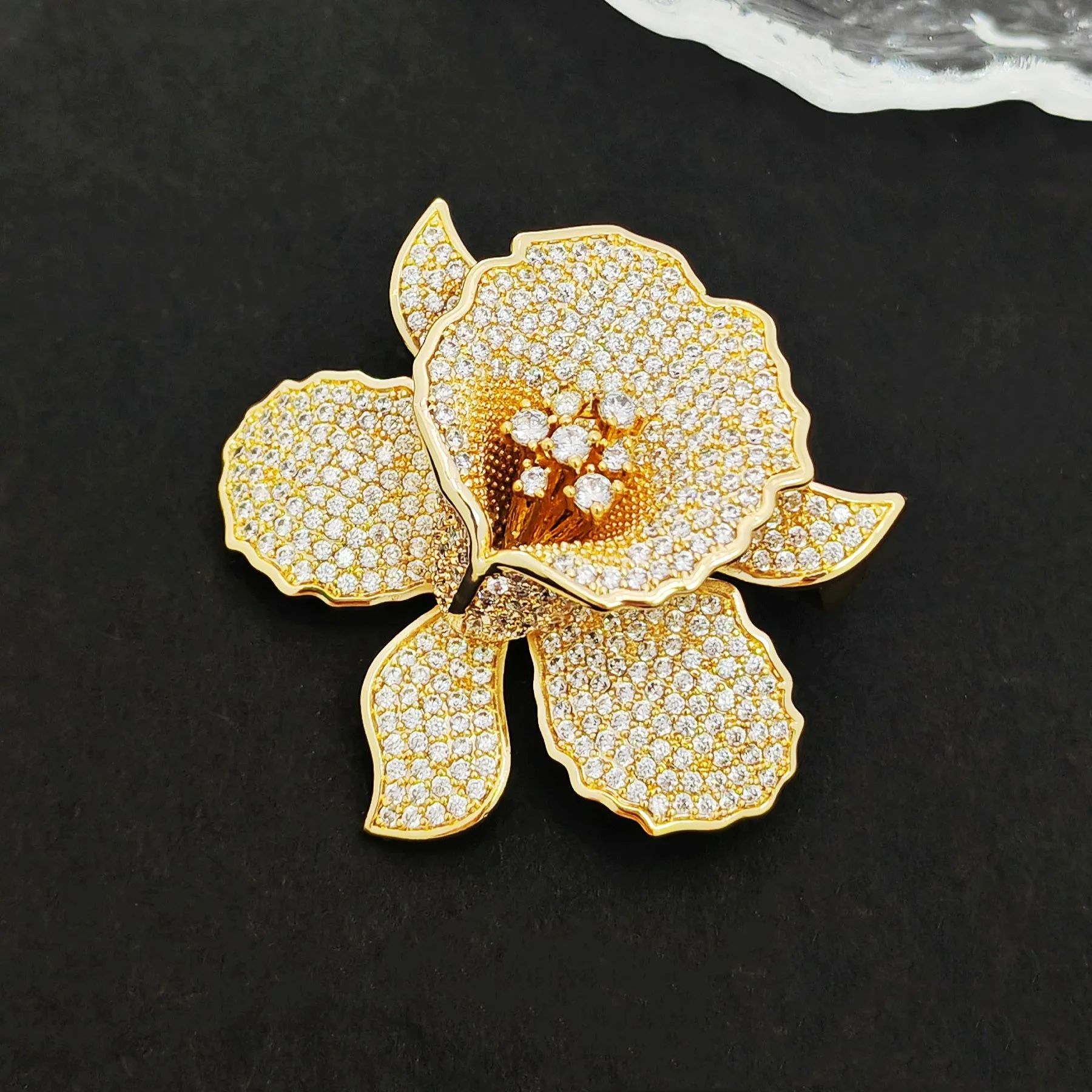 Jewelblings Gorgeous Full Pave Cubic Zircon Gold Iris Orchid Brooches Lily Floral Pin for Women Fashion Dress Gown Outfit Occasion Jewelry