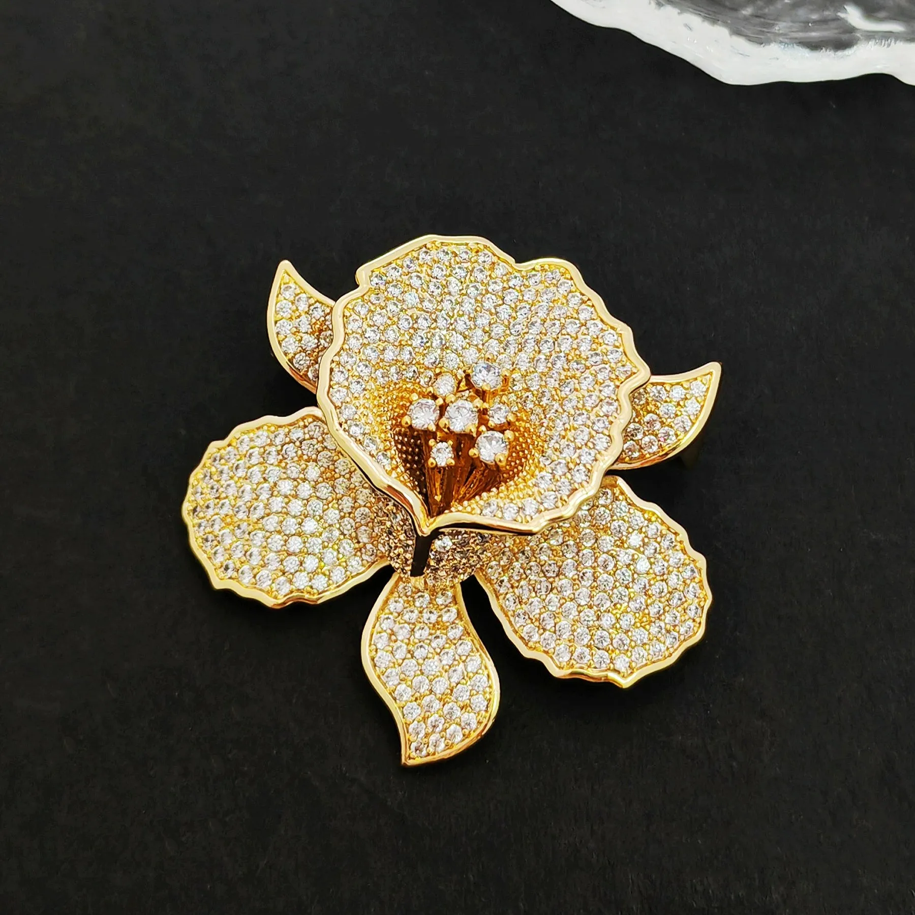 Jewelblings Gorgeous Full Pave Cubic Zircon Gold Iris Orchid Brooches Lily Floral Pin for Women Fashion Dress Gown Outfit Occasion Jewelry