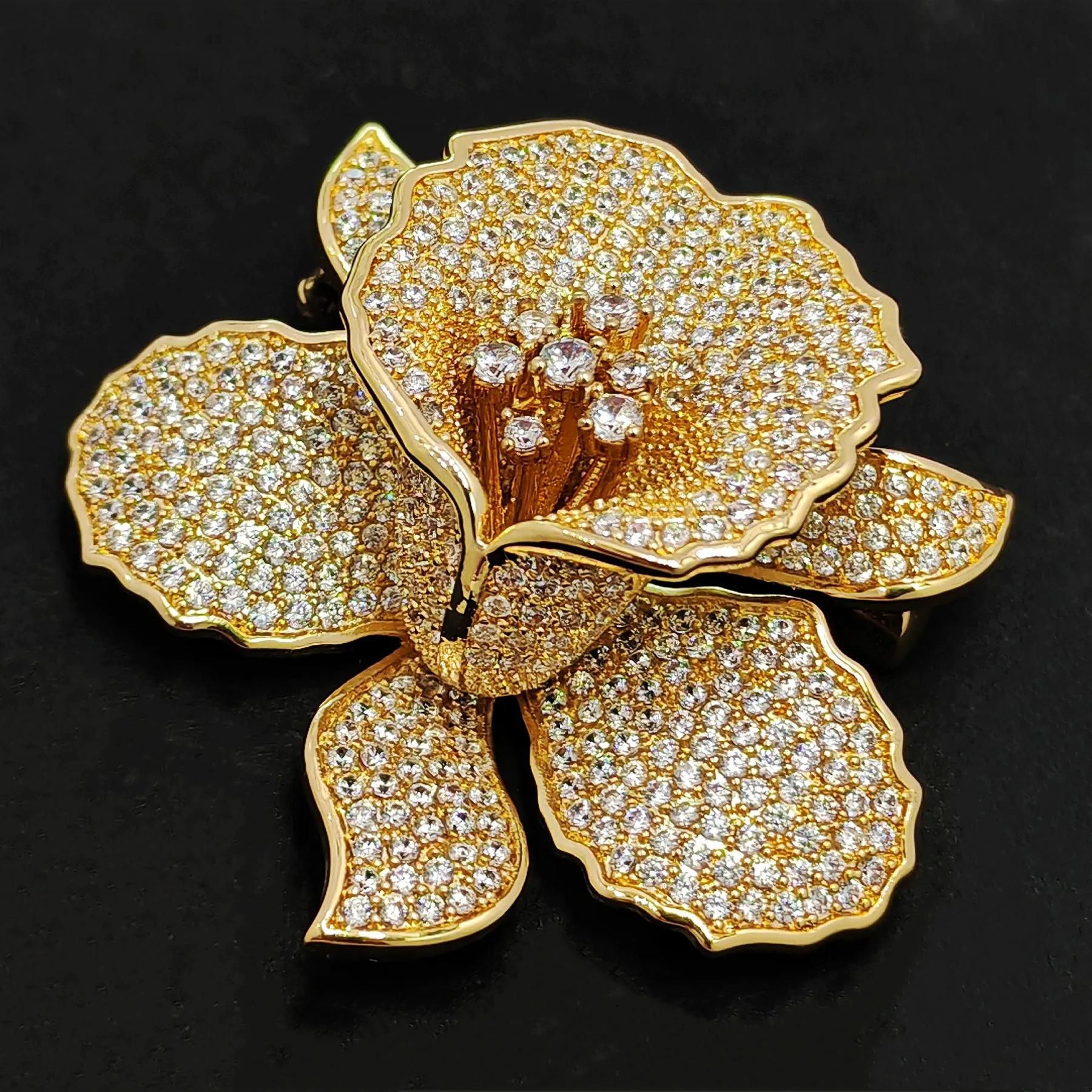 Jewelblings Gorgeous Full Pave Cubic Zircon Gold Iris Orchid Brooches Lily Floral Pin for Women Fashion Dress Gown Outfit Occasion Jewelry