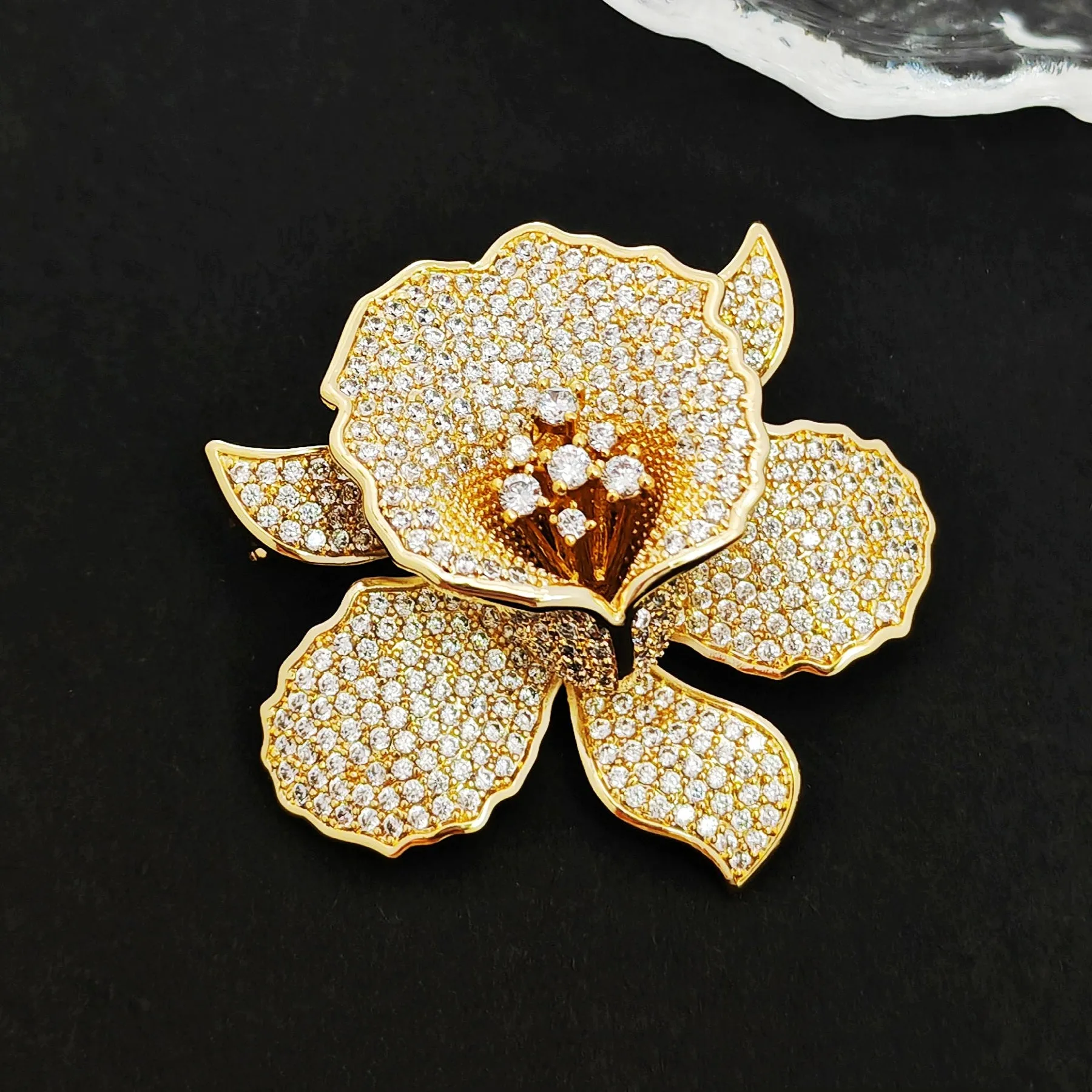 Jewelblings Gorgeous Full Pave Cubic Zircon Gold Iris Orchid Brooches Lily Floral Pin for Women Fashion Dress Gown Outfit Occasion Jewelry