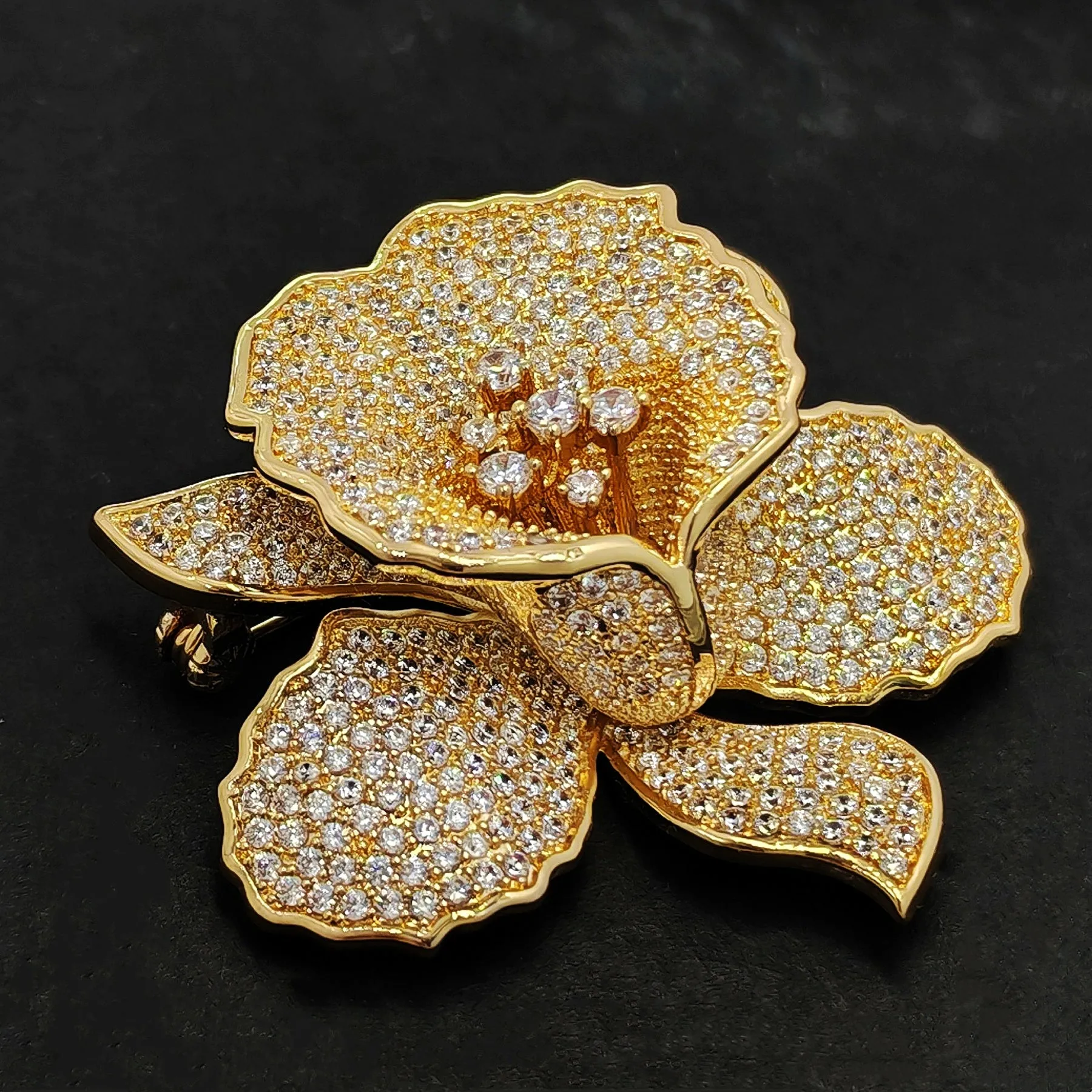 Jewelblings Gorgeous Full Pave Cubic Zircon Gold Iris Orchid Brooches Lily Floral Pin for Women Fashion Dress Gown Outfit Occasion Jewelry