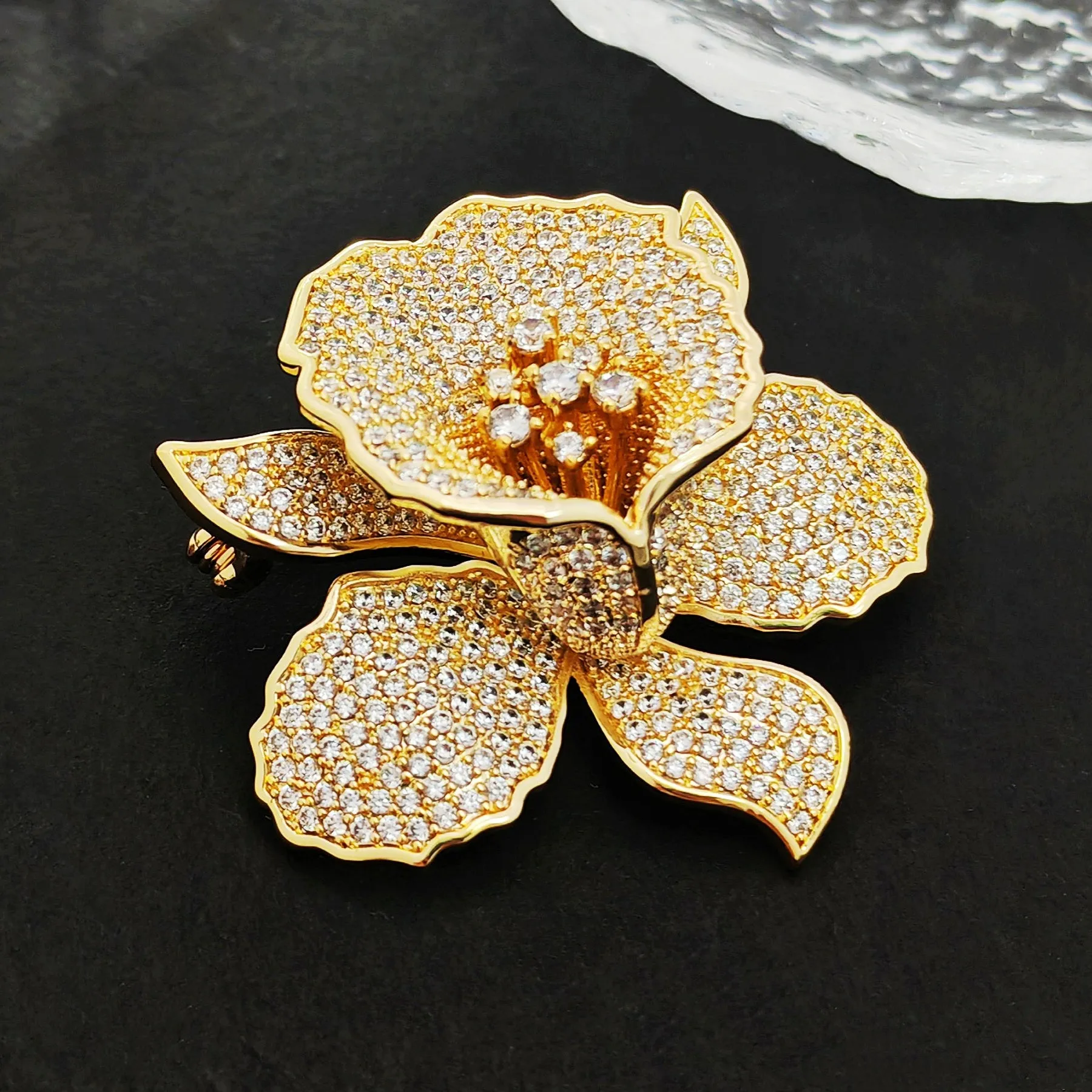 Jewelblings Gorgeous Full Pave Cubic Zircon Gold Iris Orchid Brooches Lily Floral Pin for Women Fashion Dress Gown Outfit Occasion Jewelry