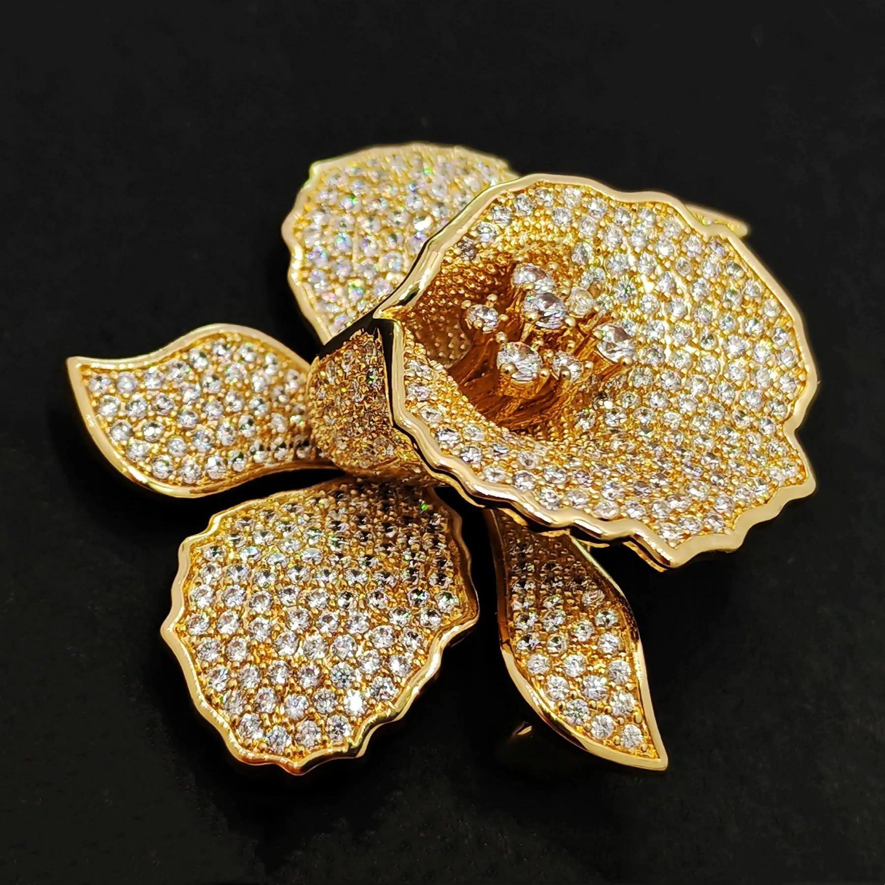 Jewelblings Gorgeous Full Pave Cubic Zircon Gold Iris Orchid Brooches Lily Floral Pin for Women Fashion Dress Gown Outfit Occasion Jewelry