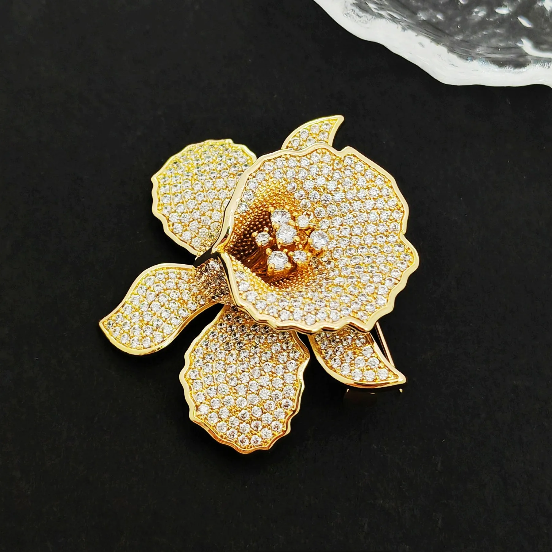 Jewelblings Gorgeous Full Pave Cubic Zircon Gold Iris Orchid Brooches Lily Floral Pin for Women Fashion Dress Gown Outfit Occasion Jewelry