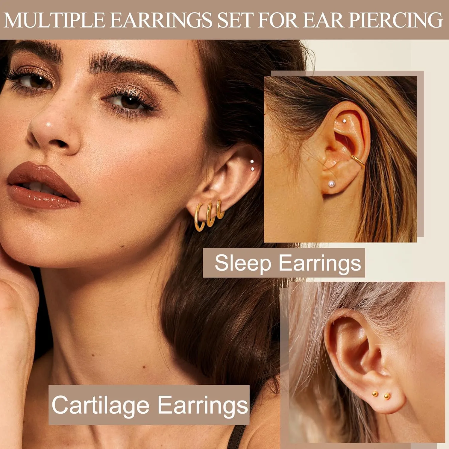 Jstyle Small Hypoallergenic Flat Back Stud Earrings for Women Men, 14K Gold Surgical Stainless Steel Earrings for Sensitive Ears Tiny Screw Back Cartilage Earring Sets for Multiple Piercing
