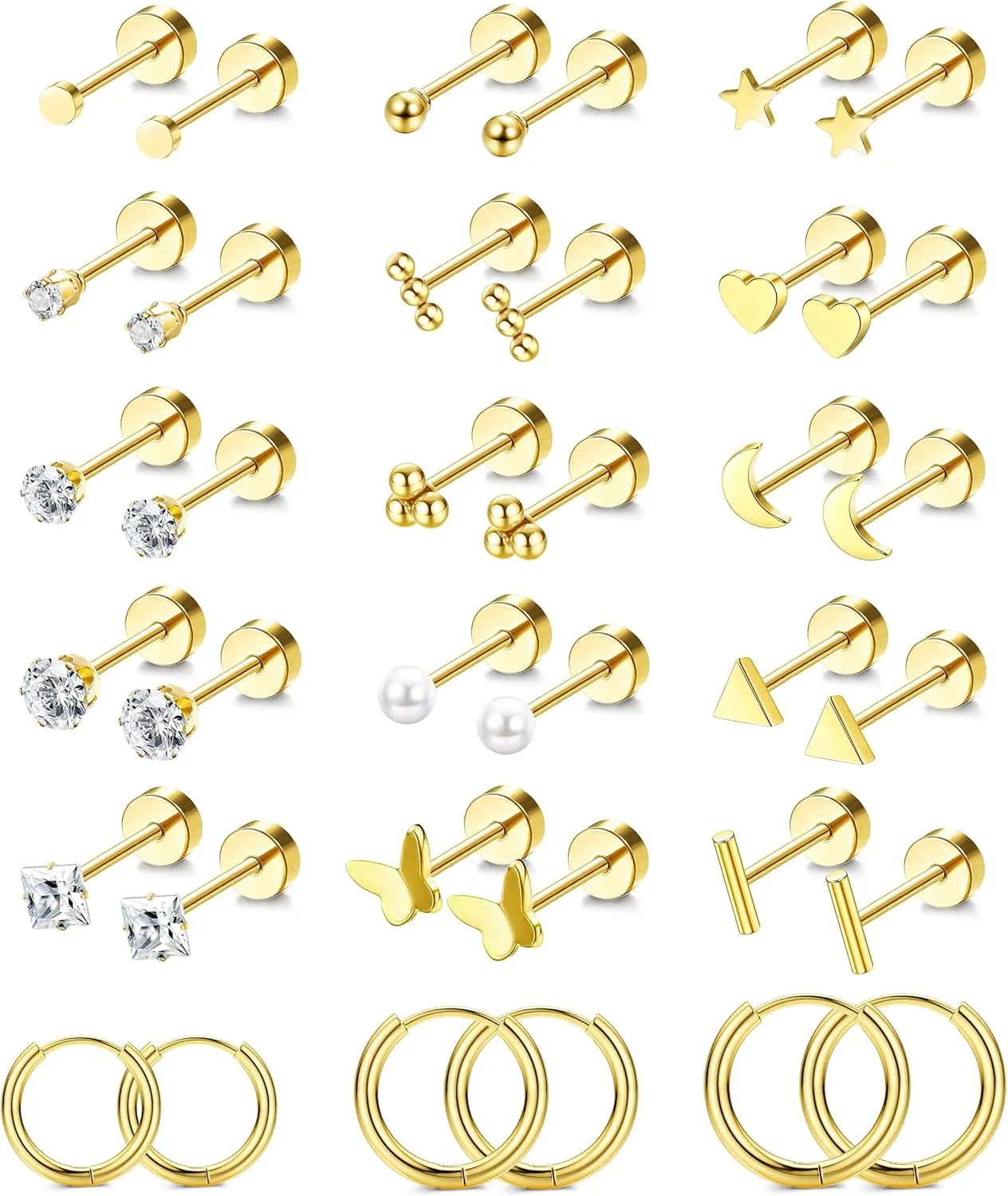 Jstyle Small Hypoallergenic Flat Back Stud Earrings for Women Men, 14K Gold Surgical Stainless Steel Earrings for Sensitive Ears Tiny Screw Back Cartilage Earring Sets for Multiple Piercing