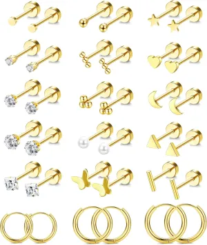 Jstyle Small Hypoallergenic Flat Back Stud Earrings for Women Men, 14K Gold Surgical Stainless Steel Earrings for Sensitive Ears Tiny Screw Back Cartilage Earring Sets for Multiple Piercing