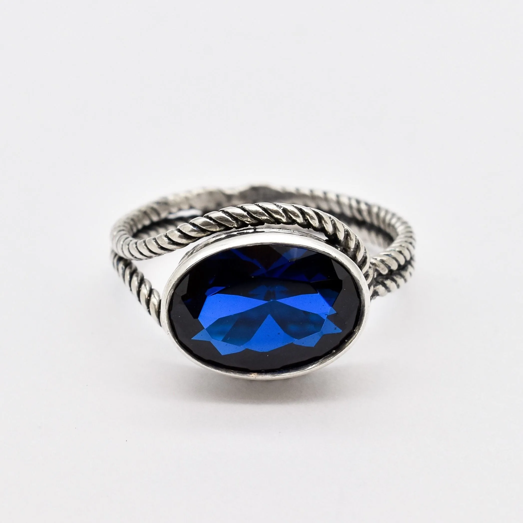 Large Sapphire Ring - Blue Statement Ring - Horizontal Vintage Ring