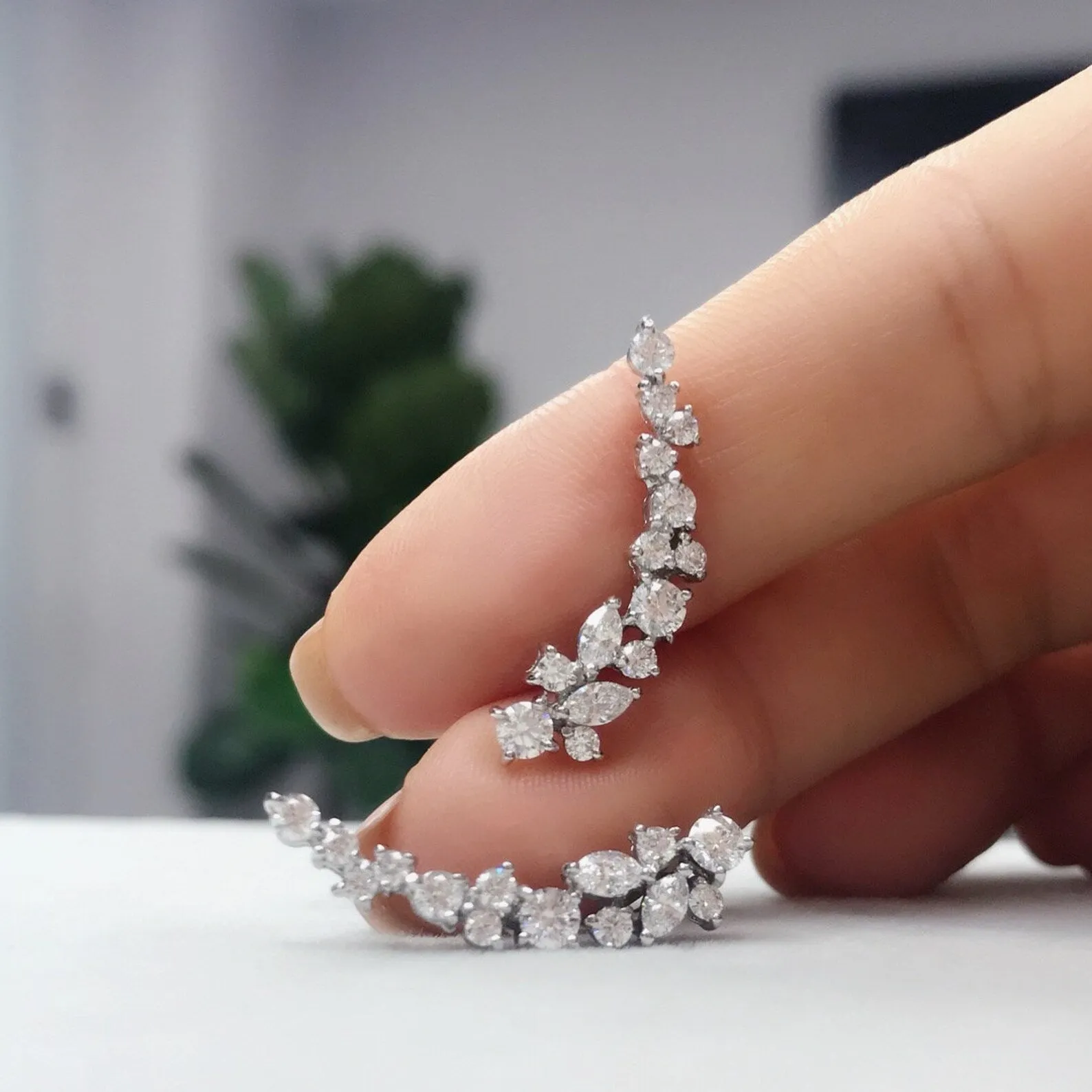 Marquise Cut Diamond and Round Brilliant Cut Diamond Cluster Earrings in White Gold