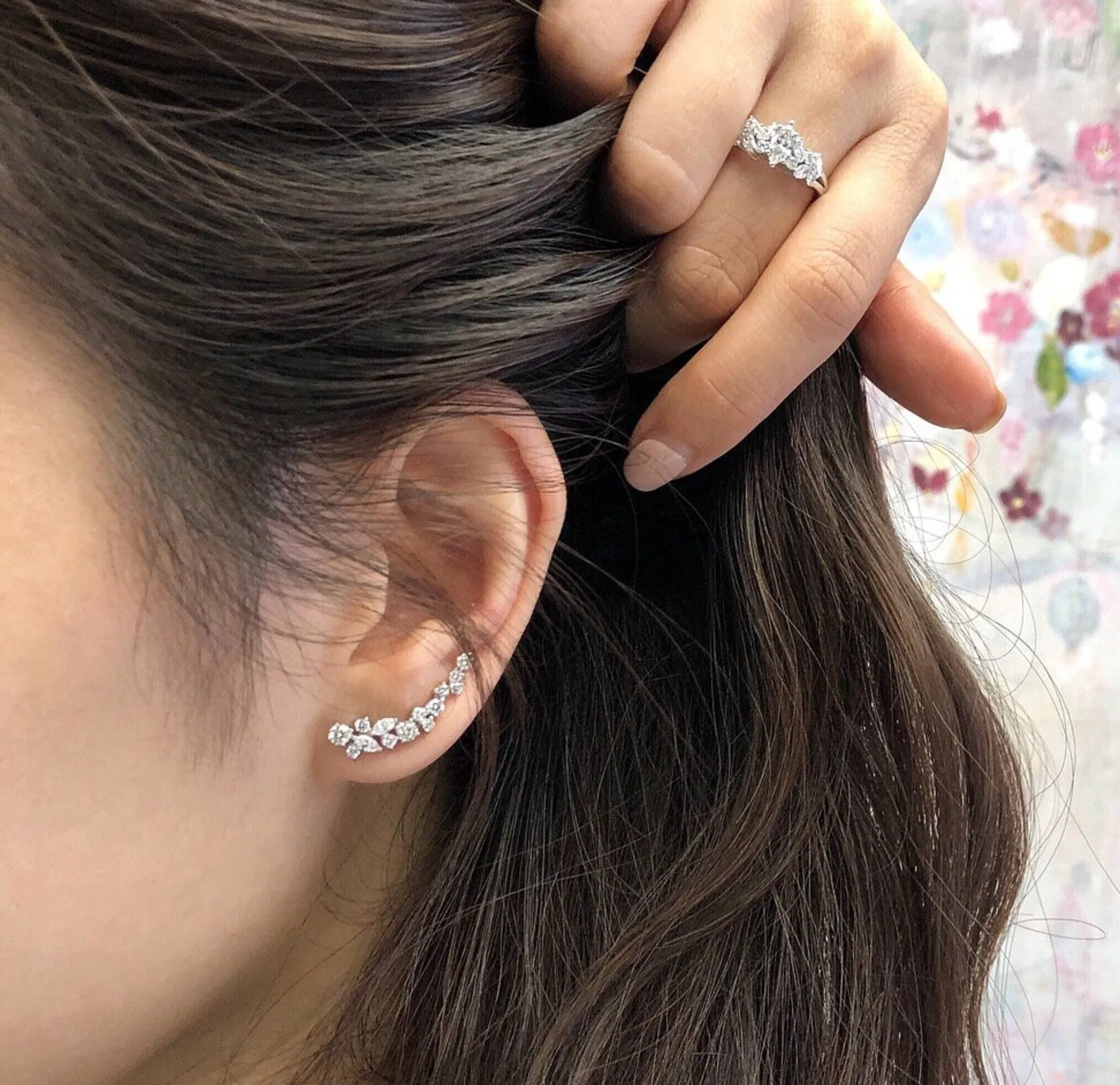 Marquise Cut Diamond and Round Brilliant Cut Diamond Cluster Earrings in White Gold